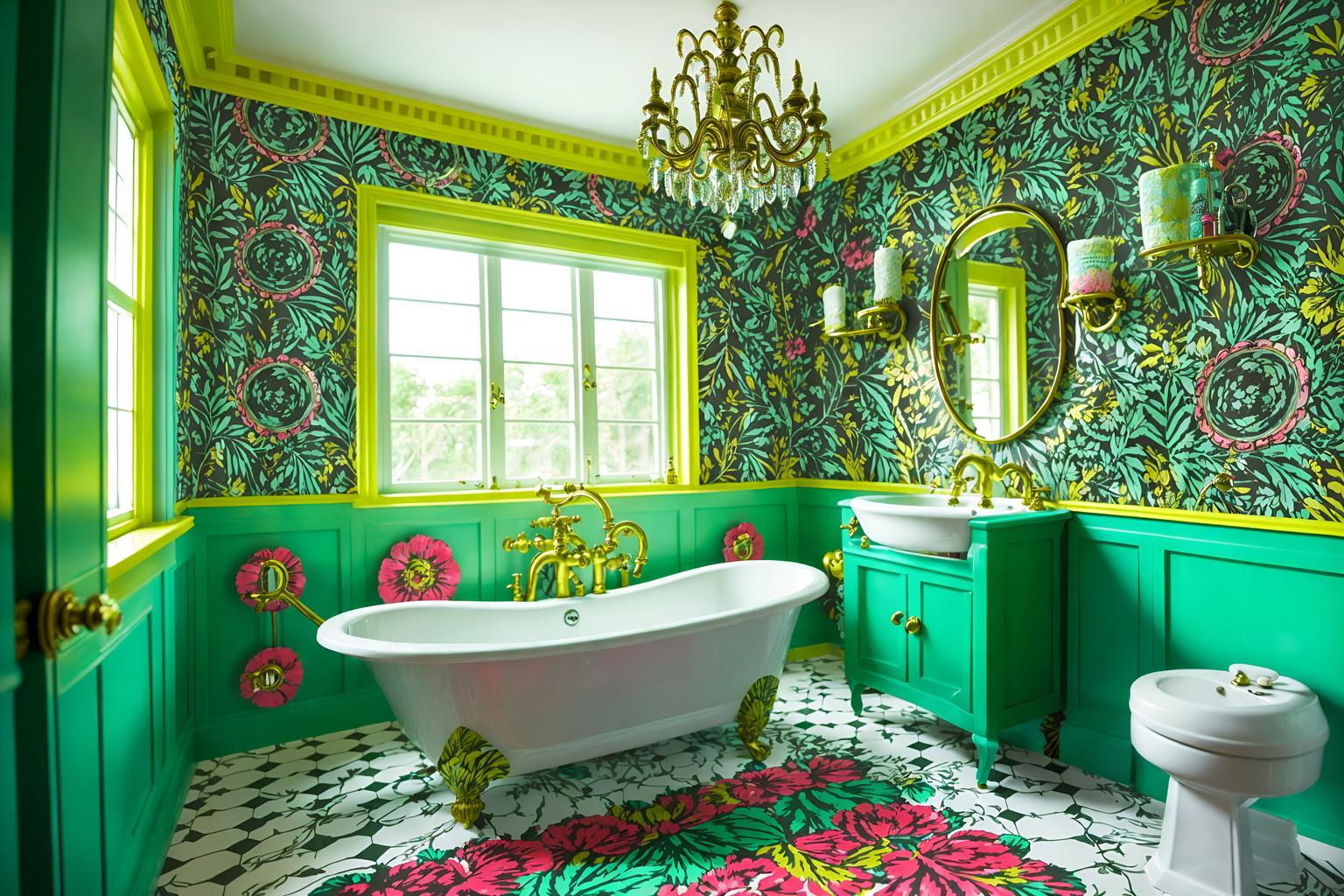 maximalist-style (bathroom interior) with bathtub and bathroom sink with faucet and bathroom cabinet and toilet seat and bath rail and shower and mirror and plant. . with vibrant and bold creativity and bold patterns and more is more philosophy and bold colors and over-the-top aesthetic and eye-catching and bold design. . cinematic photo, highly detailed, cinematic lighting, ultra-detailed, ultrarealistic, photorealism, 8k. maximalist interior design style. masterpiece, cinematic light, ultrarealistic+, photorealistic+, 8k, raw photo, realistic, sharp focus on eyes, (symmetrical eyes), (intact eyes), hyperrealistic, highest quality, best quality, , highly detailed, masterpiece, best quality, extremely detailed 8k wallpaper, masterpiece, best quality, ultra-detailed, best shadow, detailed background, detailed face, detailed eyes, high contrast, best illumination, detailed face, dulux, caustic, dynamic angle, detailed glow. dramatic lighting. highly detailed, insanely detailed hair, symmetrical, intricate details, professionally retouched, 8k high definition. strong bokeh. award winning photo.