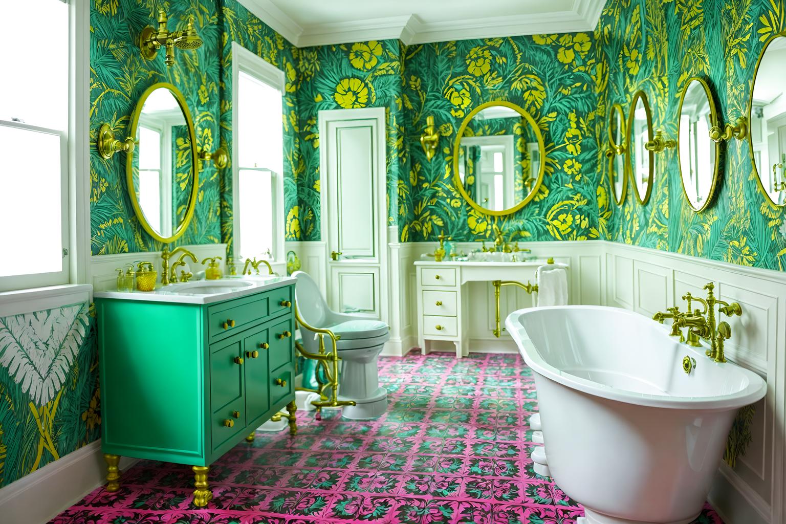 maximalist-style (bathroom interior) with bathtub and bathroom sink with faucet and bathroom cabinet and toilet seat and bath rail and shower and mirror and plant. . with vibrant and bold creativity and bold patterns and more is more philosophy and bold colors and over-the-top aesthetic and eye-catching and bold design. . cinematic photo, highly detailed, cinematic lighting, ultra-detailed, ultrarealistic, photorealism, 8k. maximalist interior design style. masterpiece, cinematic light, ultrarealistic+, photorealistic+, 8k, raw photo, realistic, sharp focus on eyes, (symmetrical eyes), (intact eyes), hyperrealistic, highest quality, best quality, , highly detailed, masterpiece, best quality, extremely detailed 8k wallpaper, masterpiece, best quality, ultra-detailed, best shadow, detailed background, detailed face, detailed eyes, high contrast, best illumination, detailed face, dulux, caustic, dynamic angle, detailed glow. dramatic lighting. highly detailed, insanely detailed hair, symmetrical, intricate details, professionally retouched, 8k high definition. strong bokeh. award winning photo.