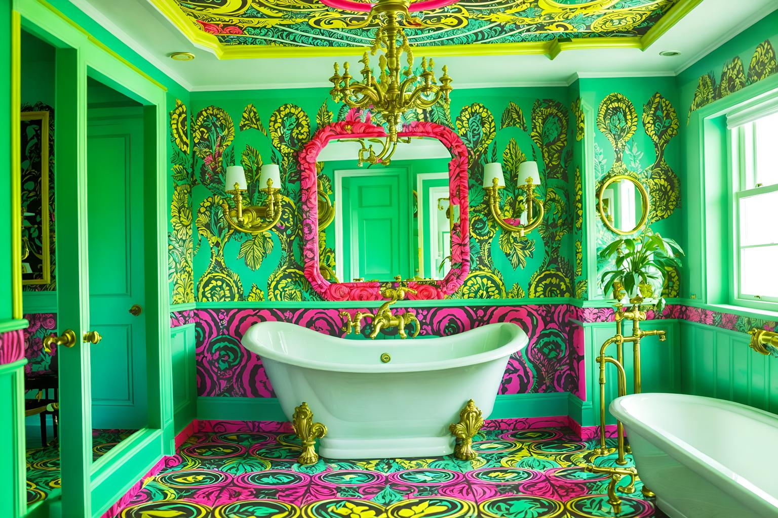 maximalist-style (bathroom interior) with bathtub and bathroom sink with faucet and bathroom cabinet and toilet seat and bath rail and shower and mirror and plant. . with vibrant and bold creativity and bold patterns and more is more philosophy and bold colors and over-the-top aesthetic and eye-catching and bold design. . cinematic photo, highly detailed, cinematic lighting, ultra-detailed, ultrarealistic, photorealism, 8k. maximalist interior design style. masterpiece, cinematic light, ultrarealistic+, photorealistic+, 8k, raw photo, realistic, sharp focus on eyes, (symmetrical eyes), (intact eyes), hyperrealistic, highest quality, best quality, , highly detailed, masterpiece, best quality, extremely detailed 8k wallpaper, masterpiece, best quality, ultra-detailed, best shadow, detailed background, detailed face, detailed eyes, high contrast, best illumination, detailed face, dulux, caustic, dynamic angle, detailed glow. dramatic lighting. highly detailed, insanely detailed hair, symmetrical, intricate details, professionally retouched, 8k high definition. strong bokeh. award winning photo.
