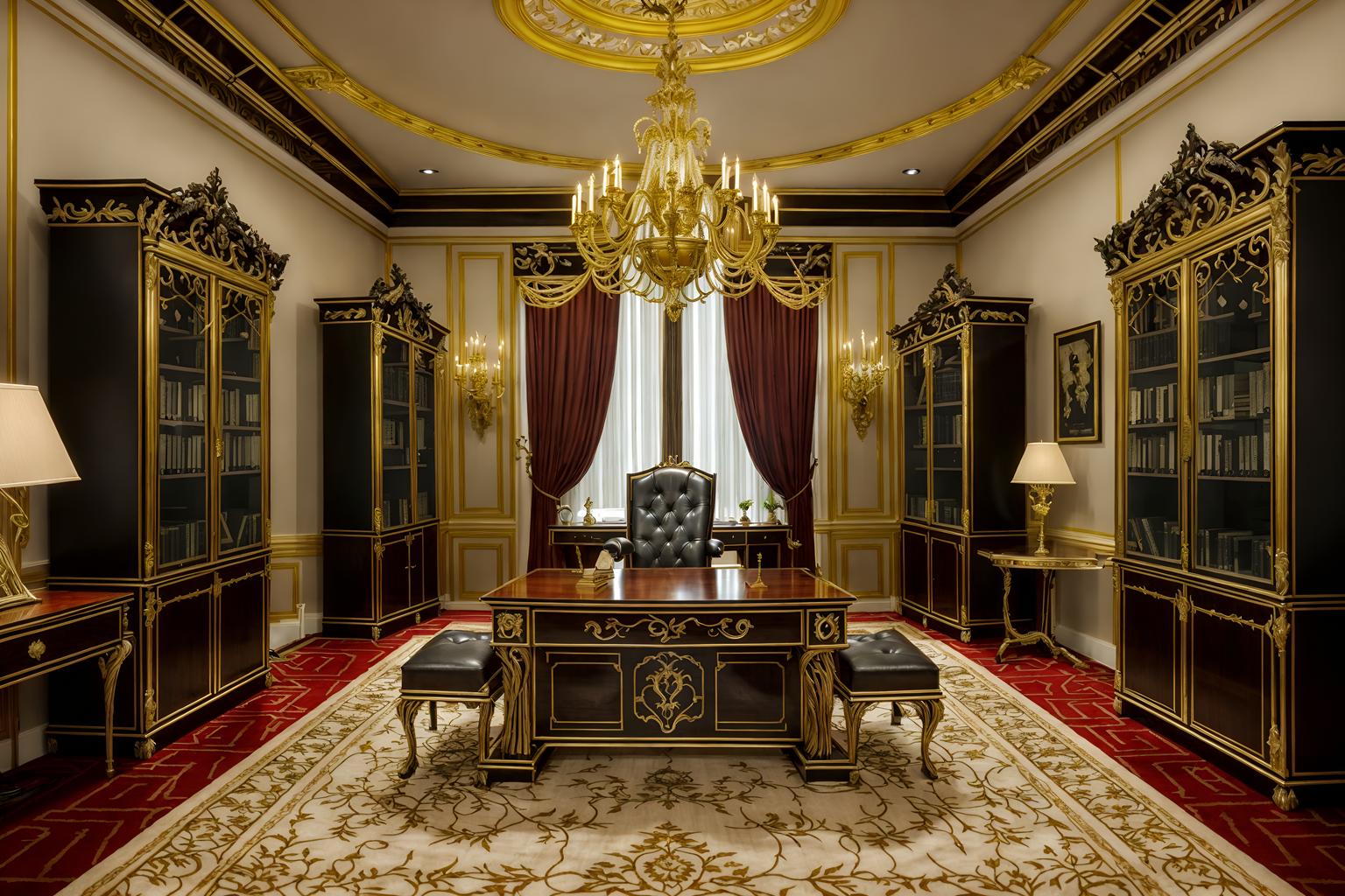 baroque-style (home office interior) with plant and desk lamp and computer desk and cabinets and office chair and plant. . with pedestal feet and opulent and colossal furniture and heavy moldings and dynamism and tension and movement and elaborate ornamentation and twisted columns. . cinematic photo, highly detailed, cinematic lighting, ultra-detailed, ultrarealistic, photorealism, 8k. baroque interior design style. masterpiece, cinematic light, ultrarealistic+, photorealistic+, 8k, raw photo, realistic, sharp focus on eyes, (symmetrical eyes), (intact eyes), hyperrealistic, highest quality, best quality, , highly detailed, masterpiece, best quality, extremely detailed 8k wallpaper, masterpiece, best quality, ultra-detailed, best shadow, detailed background, detailed face, detailed eyes, high contrast, best illumination, detailed face, dulux, caustic, dynamic angle, detailed glow. dramatic lighting. highly detailed, insanely detailed hair, symmetrical, intricate details, professionally retouched, 8k high definition. strong bokeh. award winning photo.