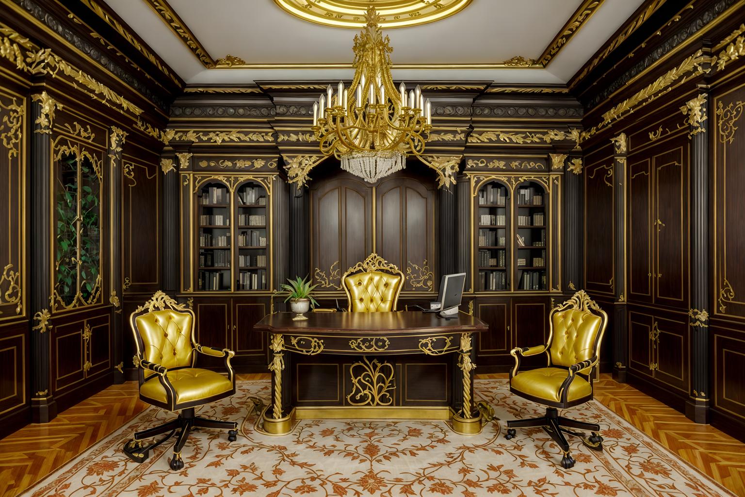 baroque-style (home office interior) with plant and desk lamp and computer desk and cabinets and office chair and plant. . with pedestal feet and opulent and colossal furniture and heavy moldings and dynamism and tension and movement and elaborate ornamentation and twisted columns. . cinematic photo, highly detailed, cinematic lighting, ultra-detailed, ultrarealistic, photorealism, 8k. baroque interior design style. masterpiece, cinematic light, ultrarealistic+, photorealistic+, 8k, raw photo, realistic, sharp focus on eyes, (symmetrical eyes), (intact eyes), hyperrealistic, highest quality, best quality, , highly detailed, masterpiece, best quality, extremely detailed 8k wallpaper, masterpiece, best quality, ultra-detailed, best shadow, detailed background, detailed face, detailed eyes, high contrast, best illumination, detailed face, dulux, caustic, dynamic angle, detailed glow. dramatic lighting. highly detailed, insanely detailed hair, symmetrical, intricate details, professionally retouched, 8k high definition. strong bokeh. award winning photo.