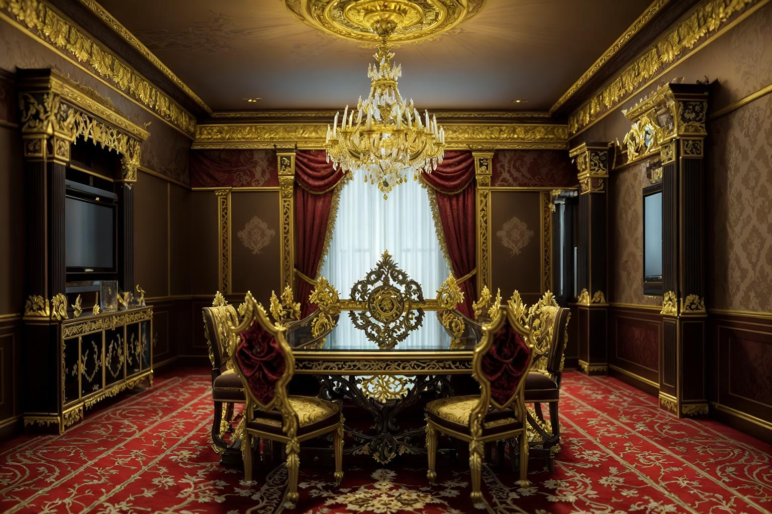 baroque-style (gaming room interior) . with heavy moldings and expensive and plush flooring and crystal and glass accents and movement and intricate carvings and ornaments and elaborate ornamentation and luxurious floral and damask fabrics and dynamism. . cinematic photo, highly detailed, cinematic lighting, ultra-detailed, ultrarealistic, photorealism, 8k. baroque interior design style. masterpiece, cinematic light, ultrarealistic+, photorealistic+, 8k, raw photo, realistic, sharp focus on eyes, (symmetrical eyes), (intact eyes), hyperrealistic, highest quality, best quality, , highly detailed, masterpiece, best quality, extremely detailed 8k wallpaper, masterpiece, best quality, ultra-detailed, best shadow, detailed background, detailed face, detailed eyes, high contrast, best illumination, detailed face, dulux, caustic, dynamic angle, detailed glow. dramatic lighting. highly detailed, insanely detailed hair, symmetrical, intricate details, professionally retouched, 8k high definition. strong bokeh. award winning photo.