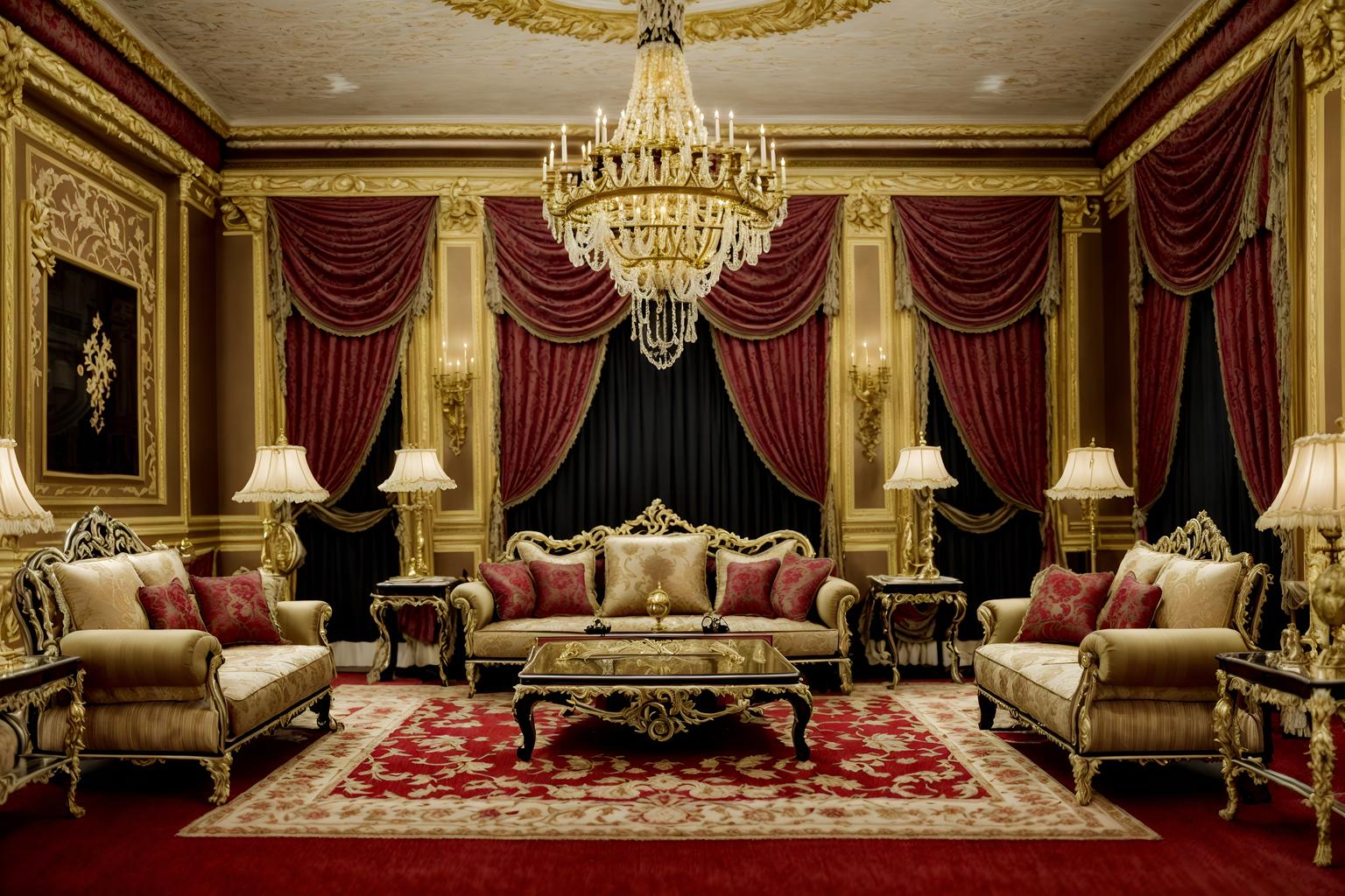 baroque-style (living room interior) with rug and chairs and electric lamps and furniture and televisions and occasional tables and sofa and plant. . with grandeur and luxurious floral and damask fabrics and tension and elaborate ornamentation and drama and opulent and colossal furniture and heavy moldings and emotional exuberance. . cinematic photo, highly detailed, cinematic lighting, ultra-detailed, ultrarealistic, photorealism, 8k. baroque interior design style. masterpiece, cinematic light, ultrarealistic+, photorealistic+, 8k, raw photo, realistic, sharp focus on eyes, (symmetrical eyes), (intact eyes), hyperrealistic, highest quality, best quality, , highly detailed, masterpiece, best quality, extremely detailed 8k wallpaper, masterpiece, best quality, ultra-detailed, best shadow, detailed background, detailed face, detailed eyes, high contrast, best illumination, detailed face, dulux, caustic, dynamic angle, detailed glow. dramatic lighting. highly detailed, insanely detailed hair, symmetrical, intricate details, professionally retouched, 8k high definition. strong bokeh. award winning photo.