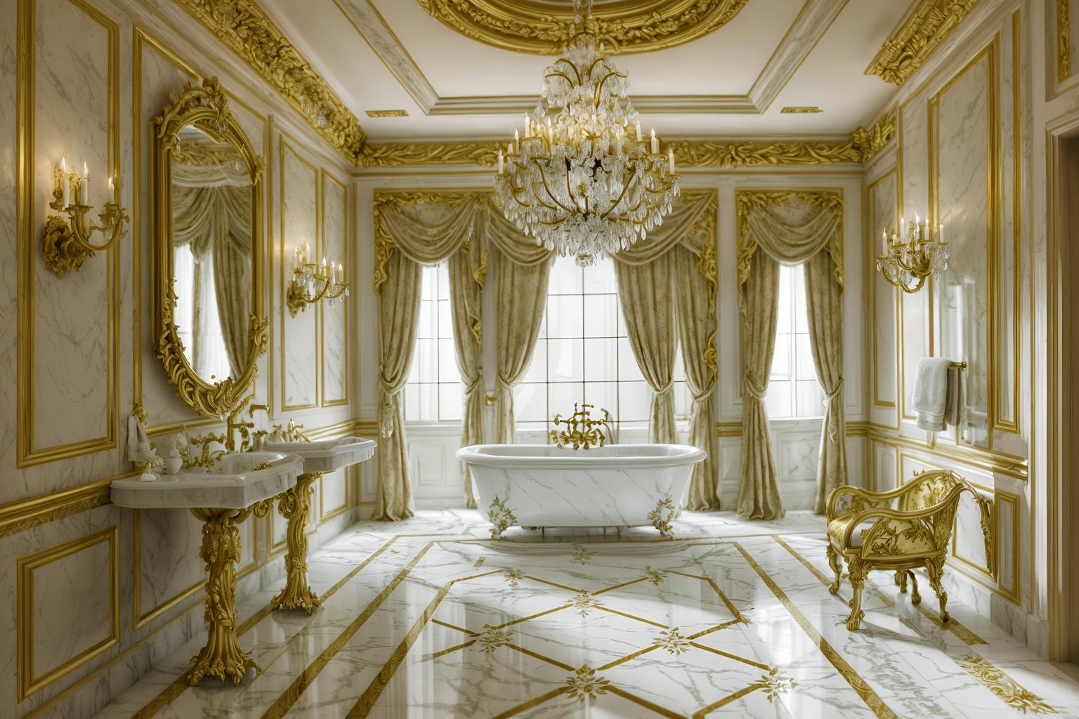 baroque-style (bathroom interior) with bath towel and mirror and bathtub and bathroom cabinet and bathroom sink with faucet and bath rail and shower and plant. . with luxurious floral and damask fabrics and heavy moldings and emotional exuberance and tension and crystal and glass accents and grandeur and pedestal feet and sensuous richness. . cinematic photo, highly detailed, cinematic lighting, ultra-detailed, ultrarealistic, photorealism, 8k. baroque interior design style. masterpiece, cinematic light, ultrarealistic+, photorealistic+, 8k, raw photo, realistic, sharp focus on eyes, (symmetrical eyes), (intact eyes), hyperrealistic, highest quality, best quality, , highly detailed, masterpiece, best quality, extremely detailed 8k wallpaper, masterpiece, best quality, ultra-detailed, best shadow, detailed background, detailed face, detailed eyes, high contrast, best illumination, detailed face, dulux, caustic, dynamic angle, detailed glow. dramatic lighting. highly detailed, insanely detailed hair, symmetrical, intricate details, professionally retouched, 8k high definition. strong bokeh. award winning photo.