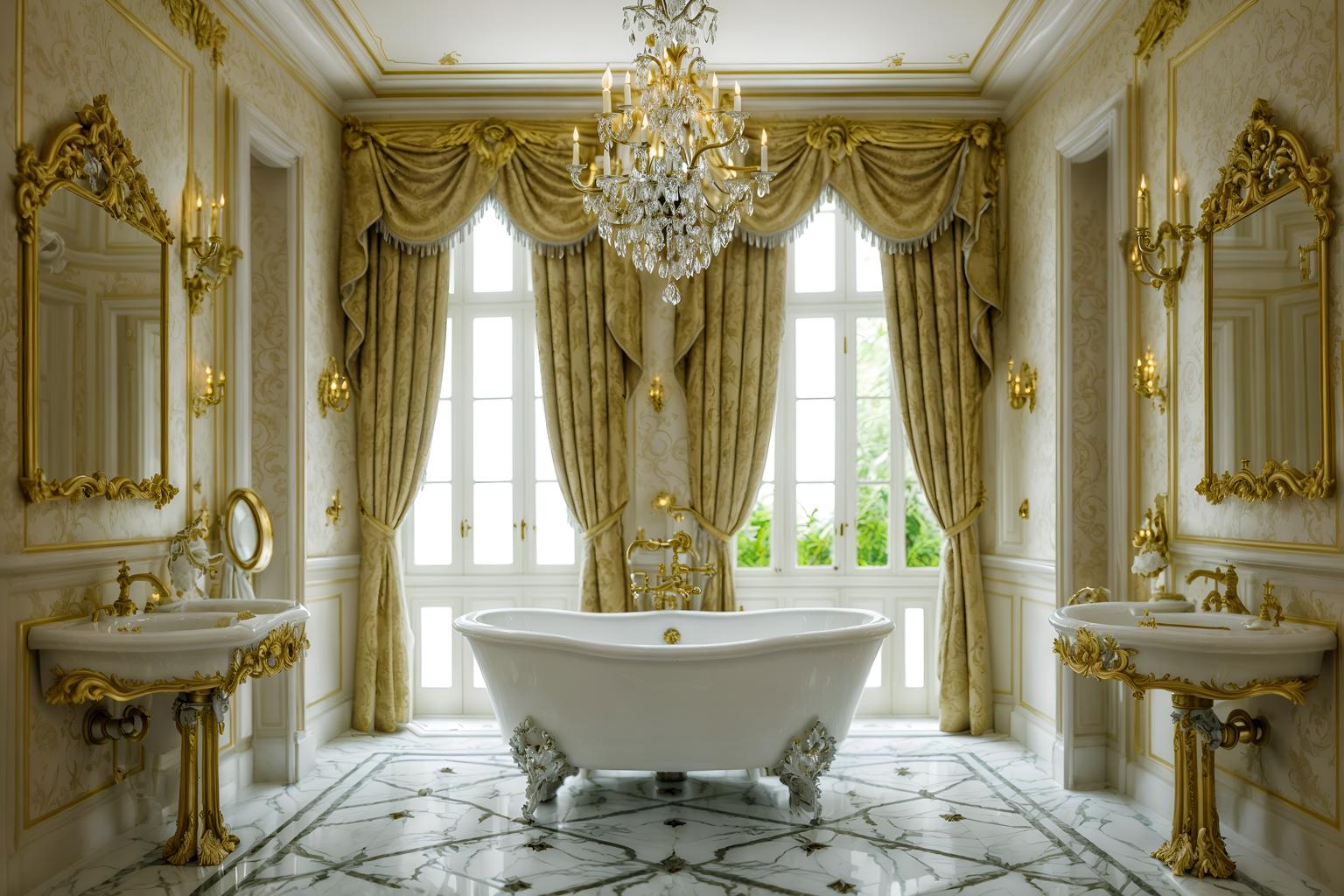 baroque-style (bathroom interior) with bath towel and mirror and bathtub and bathroom cabinet and bathroom sink with faucet and bath rail and shower and plant. . with luxurious floral and damask fabrics and heavy moldings and emotional exuberance and tension and crystal and glass accents and grandeur and pedestal feet and sensuous richness. . cinematic photo, highly detailed, cinematic lighting, ultra-detailed, ultrarealistic, photorealism, 8k. baroque interior design style. masterpiece, cinematic light, ultrarealistic+, photorealistic+, 8k, raw photo, realistic, sharp focus on eyes, (symmetrical eyes), (intact eyes), hyperrealistic, highest quality, best quality, , highly detailed, masterpiece, best quality, extremely detailed 8k wallpaper, masterpiece, best quality, ultra-detailed, best shadow, detailed background, detailed face, detailed eyes, high contrast, best illumination, detailed face, dulux, caustic, dynamic angle, detailed glow. dramatic lighting. highly detailed, insanely detailed hair, symmetrical, intricate details, professionally retouched, 8k high definition. strong bokeh. award winning photo.