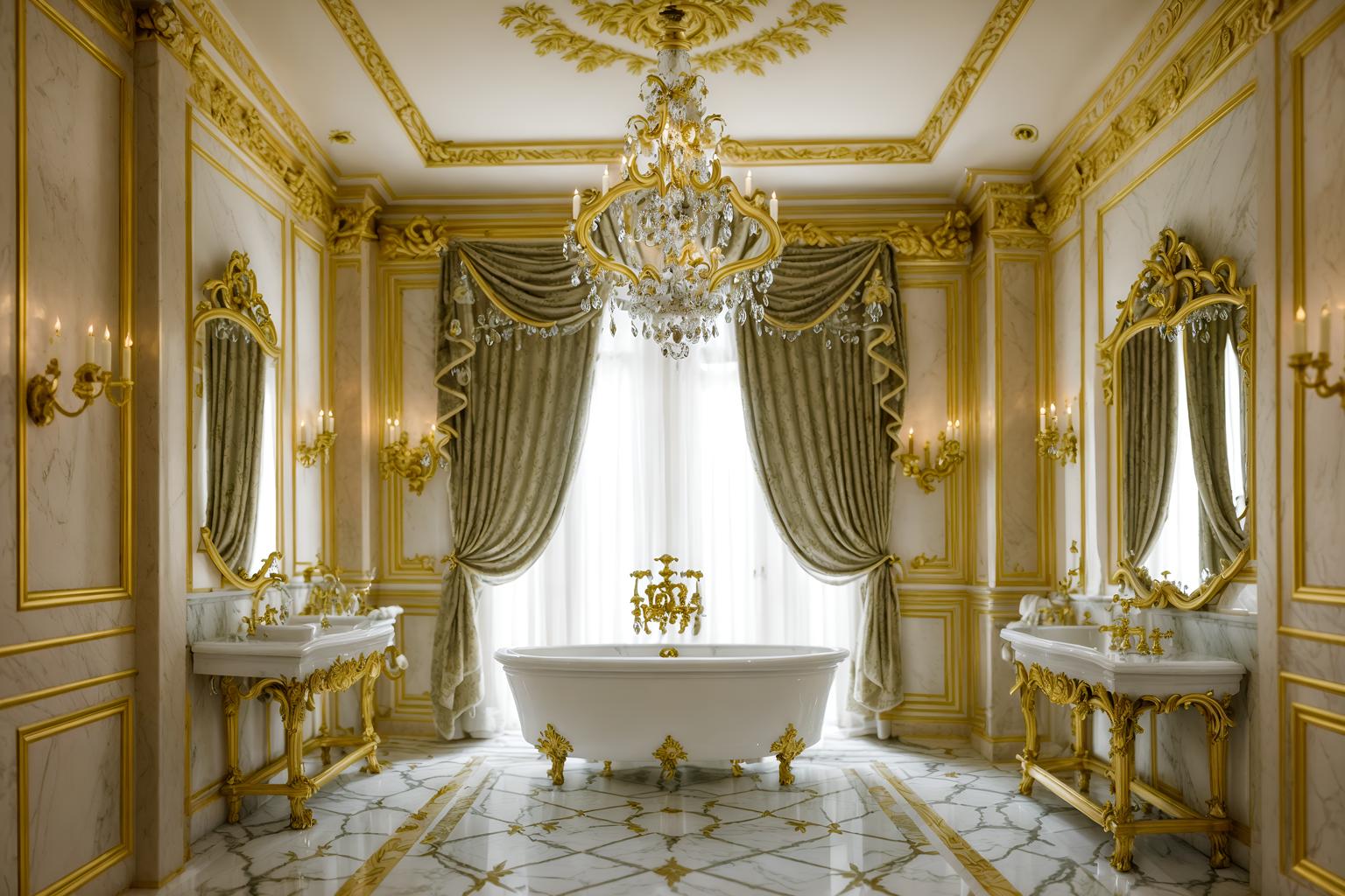 baroque-style (bathroom interior) with bath towel and mirror and bathtub and bathroom cabinet and bathroom sink with faucet and bath rail and shower and plant. . with luxurious floral and damask fabrics and heavy moldings and emotional exuberance and tension and crystal and glass accents and grandeur and pedestal feet and sensuous richness. . cinematic photo, highly detailed, cinematic lighting, ultra-detailed, ultrarealistic, photorealism, 8k. baroque interior design style. masterpiece, cinematic light, ultrarealistic+, photorealistic+, 8k, raw photo, realistic, sharp focus on eyes, (symmetrical eyes), (intact eyes), hyperrealistic, highest quality, best quality, , highly detailed, masterpiece, best quality, extremely detailed 8k wallpaper, masterpiece, best quality, ultra-detailed, best shadow, detailed background, detailed face, detailed eyes, high contrast, best illumination, detailed face, dulux, caustic, dynamic angle, detailed glow. dramatic lighting. highly detailed, insanely detailed hair, symmetrical, intricate details, professionally retouched, 8k high definition. strong bokeh. award winning photo.