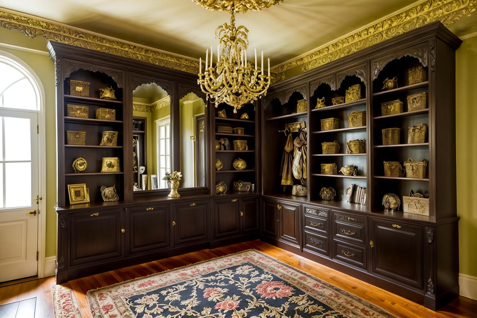 baroque-style (mudroom interior) with cubbies and storage baskets and storage drawers and wall hooks for coats and high up storage and cabinets and shelves for shoes and a bench. . with pedestal feet and drama and emotional exuberance and opulent and colossal furniture and movement and heavy moldings and luxurious floral and damask fabrics and expensive and plush flooring. . cinematic photo, highly detailed, cinematic lighting, ultra-detailed, ultrarealistic, photorealism, 8k. baroque interior design style. masterpiece, cinematic light, ultrarealistic+, photorealistic+, 8k, raw photo, realistic, sharp focus on eyes, (symmetrical eyes), (intact eyes), hyperrealistic, highest quality, best quality, , highly detailed, masterpiece, best quality, extremely detailed 8k wallpaper, masterpiece, best quality, ultra-detailed, best shadow, detailed background, detailed face, detailed eyes, high contrast, best illumination, detailed face, dulux, caustic, dynamic angle, detailed glow. dramatic lighting. highly detailed, insanely detailed hair, symmetrical, intricate details, professionally retouched, 8k high definition. strong bokeh. award winning photo.