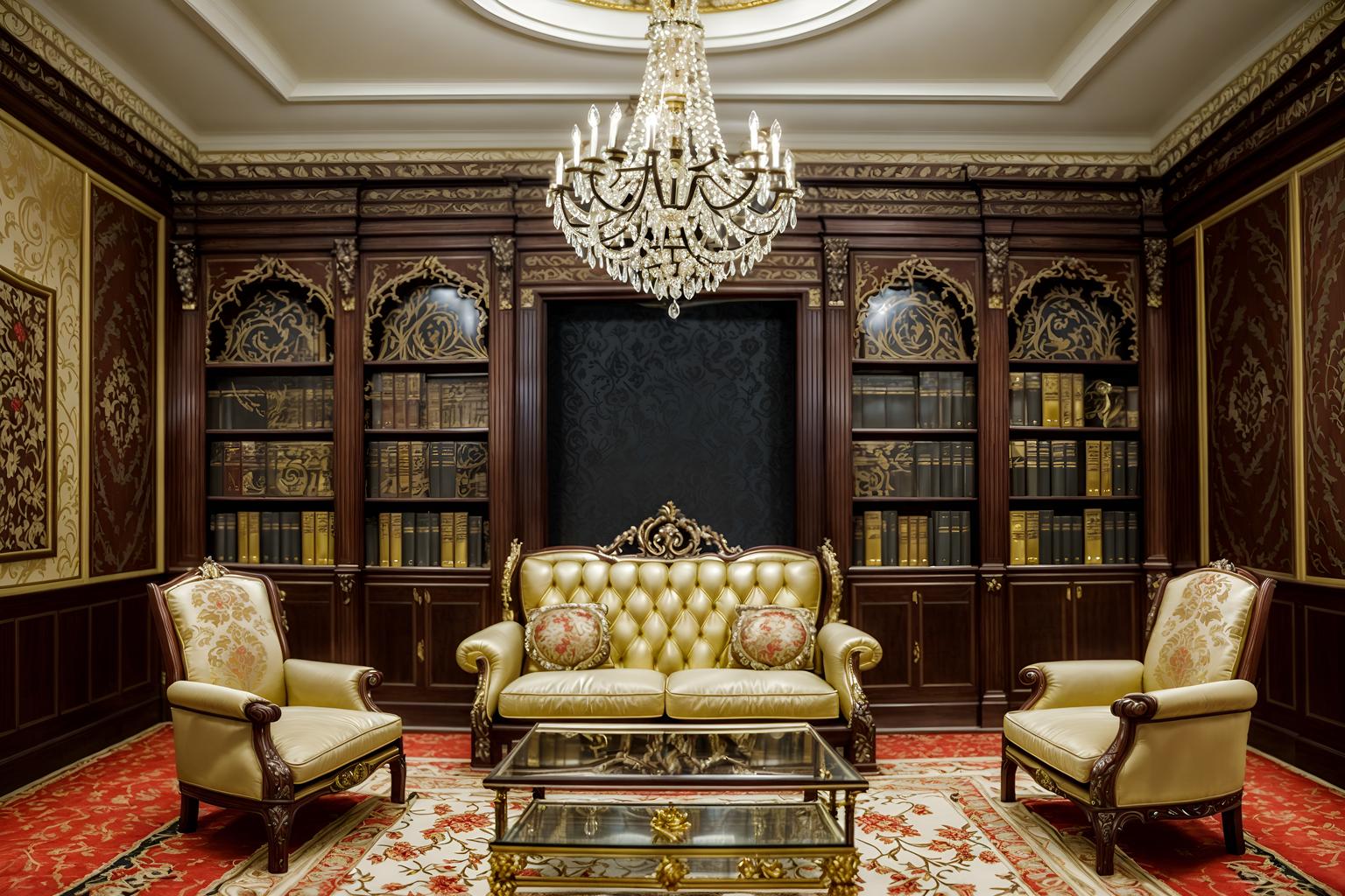 baroque-style (study room interior) with lounge chair and office chair and bookshelves and desk lamp and plant and cabinets and writing desk and lounge chair. . with sensuous richness and grandeur and crystal and glass accents and luxurious floral and damask fabrics and drama and intricate carvings and ornaments and expensive and plush flooring and movement. . cinematic photo, highly detailed, cinematic lighting, ultra-detailed, ultrarealistic, photorealism, 8k. baroque interior design style. masterpiece, cinematic light, ultrarealistic+, photorealistic+, 8k, raw photo, realistic, sharp focus on eyes, (symmetrical eyes), (intact eyes), hyperrealistic, highest quality, best quality, , highly detailed, masterpiece, best quality, extremely detailed 8k wallpaper, masterpiece, best quality, ultra-detailed, best shadow, detailed background, detailed face, detailed eyes, high contrast, best illumination, detailed face, dulux, caustic, dynamic angle, detailed glow. dramatic lighting. highly detailed, insanely detailed hair, symmetrical, intricate details, professionally retouched, 8k high definition. strong bokeh. award winning photo.