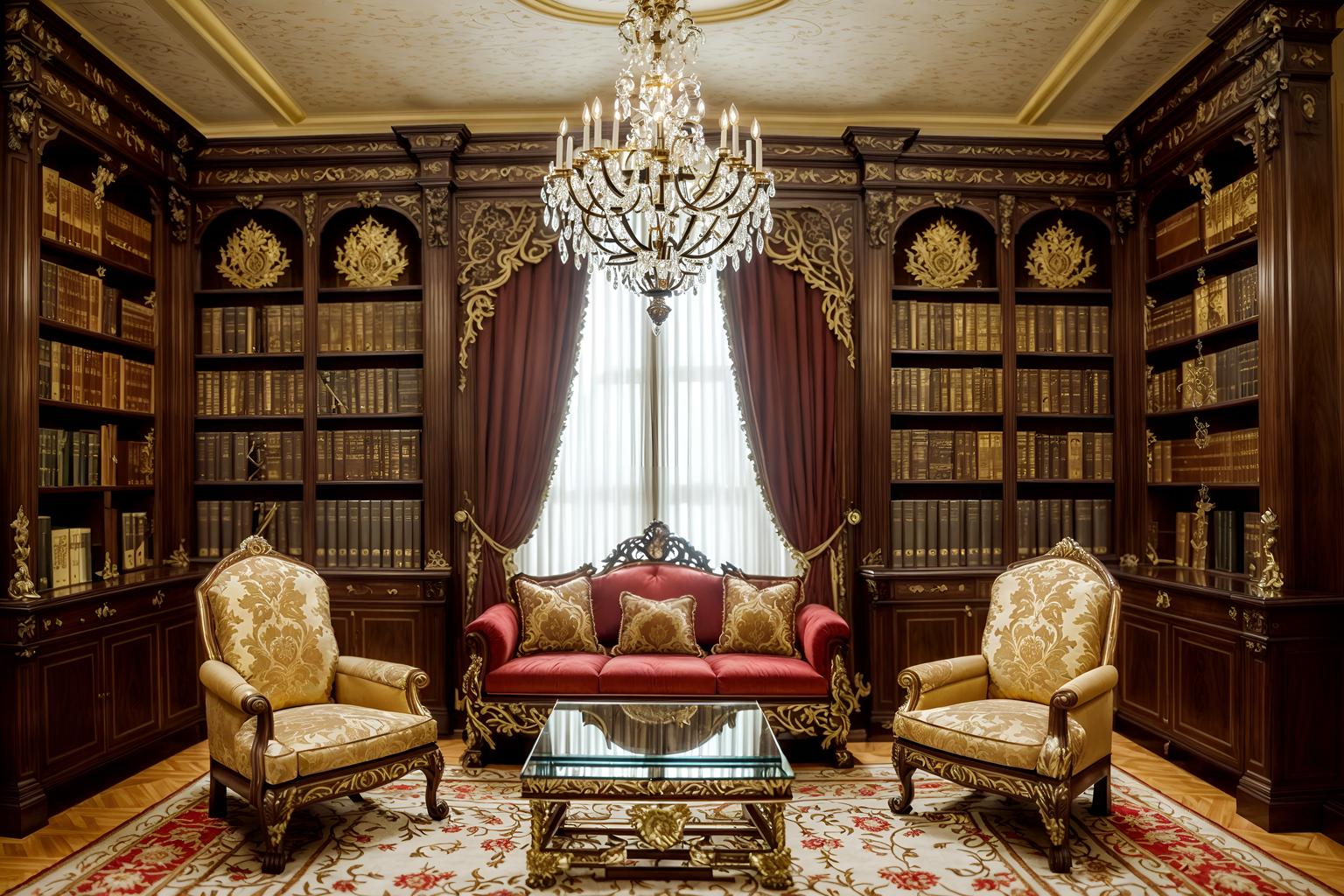 baroque-style (study room interior) with lounge chair and office chair and bookshelves and desk lamp and plant and cabinets and writing desk and lounge chair. . with sensuous richness and grandeur and crystal and glass accents and luxurious floral and damask fabrics and drama and intricate carvings and ornaments and expensive and plush flooring and movement. . cinematic photo, highly detailed, cinematic lighting, ultra-detailed, ultrarealistic, photorealism, 8k. baroque interior design style. masterpiece, cinematic light, ultrarealistic+, photorealistic+, 8k, raw photo, realistic, sharp focus on eyes, (symmetrical eyes), (intact eyes), hyperrealistic, highest quality, best quality, , highly detailed, masterpiece, best quality, extremely detailed 8k wallpaper, masterpiece, best quality, ultra-detailed, best shadow, detailed background, detailed face, detailed eyes, high contrast, best illumination, detailed face, dulux, caustic, dynamic angle, detailed glow. dramatic lighting. highly detailed, insanely detailed hair, symmetrical, intricate details, professionally retouched, 8k high definition. strong bokeh. award winning photo.