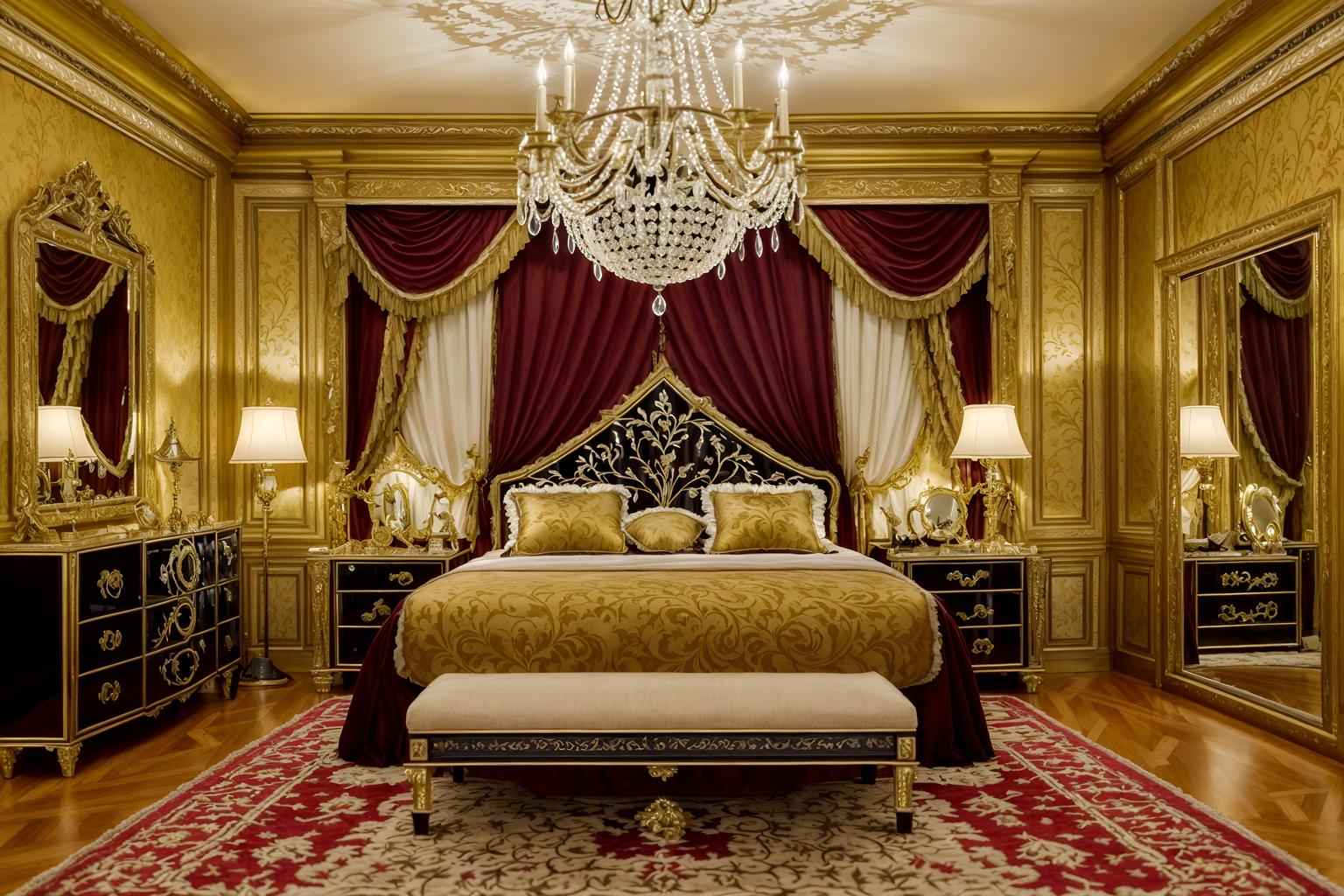 baroque-style (bedroom interior) with storage bench or ottoman and accent chair and headboard and mirror and plant and night light and dresser closet and bedside table or night stand. . with emotional exuberance and dynamism and elaborate ornamentation and crystal and glass accents and drama and tension and movement and opulent and colossal furniture. . cinematic photo, highly detailed, cinematic lighting, ultra-detailed, ultrarealistic, photorealism, 8k. baroque interior design style. masterpiece, cinematic light, ultrarealistic+, photorealistic+, 8k, raw photo, realistic, sharp focus on eyes, (symmetrical eyes), (intact eyes), hyperrealistic, highest quality, best quality, , highly detailed, masterpiece, best quality, extremely detailed 8k wallpaper, masterpiece, best quality, ultra-detailed, best shadow, detailed background, detailed face, detailed eyes, high contrast, best illumination, detailed face, dulux, caustic, dynamic angle, detailed glow. dramatic lighting. highly detailed, insanely detailed hair, symmetrical, intricate details, professionally retouched, 8k high definition. strong bokeh. award winning photo.