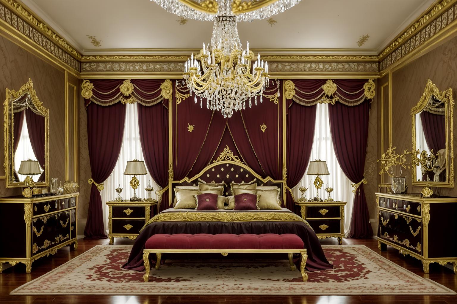 baroque-style (bedroom interior) with storage bench or ottoman and accent chair and headboard and mirror and plant and night light and dresser closet and bedside table or night stand. . with emotional exuberance and dynamism and elaborate ornamentation and crystal and glass accents and drama and tension and movement and opulent and colossal furniture. . cinematic photo, highly detailed, cinematic lighting, ultra-detailed, ultrarealistic, photorealism, 8k. baroque interior design style. masterpiece, cinematic light, ultrarealistic+, photorealistic+, 8k, raw photo, realistic, sharp focus on eyes, (symmetrical eyes), (intact eyes), hyperrealistic, highest quality, best quality, , highly detailed, masterpiece, best quality, extremely detailed 8k wallpaper, masterpiece, best quality, ultra-detailed, best shadow, detailed background, detailed face, detailed eyes, high contrast, best illumination, detailed face, dulux, caustic, dynamic angle, detailed glow. dramatic lighting. highly detailed, insanely detailed hair, symmetrical, intricate details, professionally retouched, 8k high definition. strong bokeh. award winning photo.