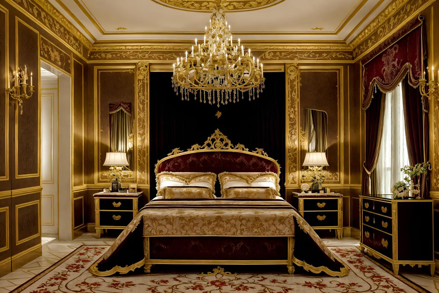 baroque-style (hotel room interior) with night light and hotel bathroom and plant and bedside table or night stand and working desk with desk chair and headboard and mirror and bed. . with grandeur and expensive and plush flooring and luxurious floral and damask fabrics and dynamism and drama and opulent and colossal furniture and emotional exuberance and tension. . cinematic photo, highly detailed, cinematic lighting, ultra-detailed, ultrarealistic, photorealism, 8k. baroque interior design style. masterpiece, cinematic light, ultrarealistic+, photorealistic+, 8k, raw photo, realistic, sharp focus on eyes, (symmetrical eyes), (intact eyes), hyperrealistic, highest quality, best quality, , highly detailed, masterpiece, best quality, extremely detailed 8k wallpaper, masterpiece, best quality, ultra-detailed, best shadow, detailed background, detailed face, detailed eyes, high contrast, best illumination, detailed face, dulux, caustic, dynamic angle, detailed glow. dramatic lighting. highly detailed, insanely detailed hair, symmetrical, intricate details, professionally retouched, 8k high definition. strong bokeh. award winning photo.