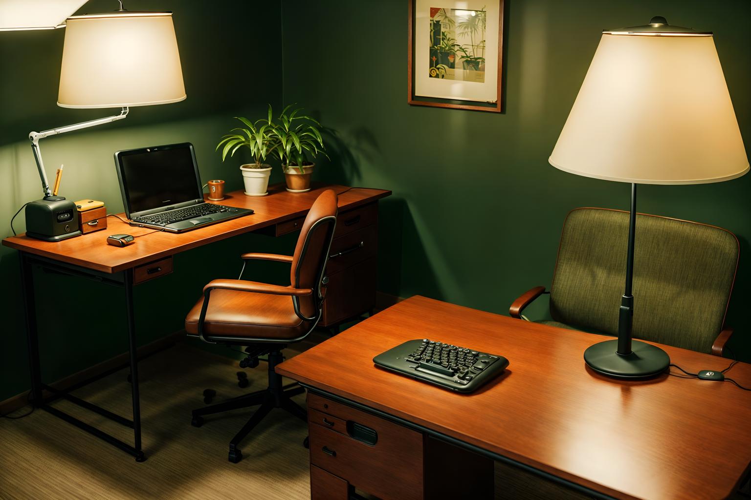 retro-style (home office interior) with computer desk and office chair and plant and cabinets and desk lamp and computer desk. . . cinematic photo, highly detailed, cinematic lighting, ultra-detailed, ultrarealistic, photorealism, 8k. retro interior design style. masterpiece, cinematic light, ultrarealistic+, photorealistic+, 8k, raw photo, realistic, sharp focus on eyes, (symmetrical eyes), (intact eyes), hyperrealistic, highest quality, best quality, , highly detailed, masterpiece, best quality, extremely detailed 8k wallpaper, masterpiece, best quality, ultra-detailed, best shadow, detailed background, detailed face, detailed eyes, high contrast, best illumination, detailed face, dulux, caustic, dynamic angle, detailed glow. dramatic lighting. highly detailed, insanely detailed hair, symmetrical, intricate details, professionally retouched, 8k high definition. strong bokeh. award winning photo.