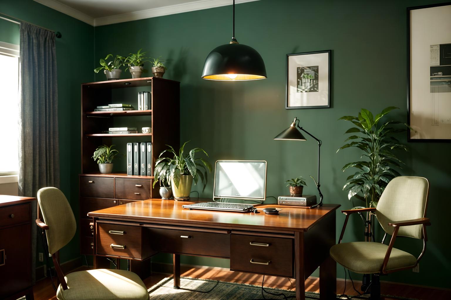 retro-style (home office interior) with computer desk and office chair and plant and cabinets and desk lamp and computer desk. . . cinematic photo, highly detailed, cinematic lighting, ultra-detailed, ultrarealistic, photorealism, 8k. retro interior design style. masterpiece, cinematic light, ultrarealistic+, photorealistic+, 8k, raw photo, realistic, sharp focus on eyes, (symmetrical eyes), (intact eyes), hyperrealistic, highest quality, best quality, , highly detailed, masterpiece, best quality, extremely detailed 8k wallpaper, masterpiece, best quality, ultra-detailed, best shadow, detailed background, detailed face, detailed eyes, high contrast, best illumination, detailed face, dulux, caustic, dynamic angle, detailed glow. dramatic lighting. highly detailed, insanely detailed hair, symmetrical, intricate details, professionally retouched, 8k high definition. strong bokeh. award winning photo.