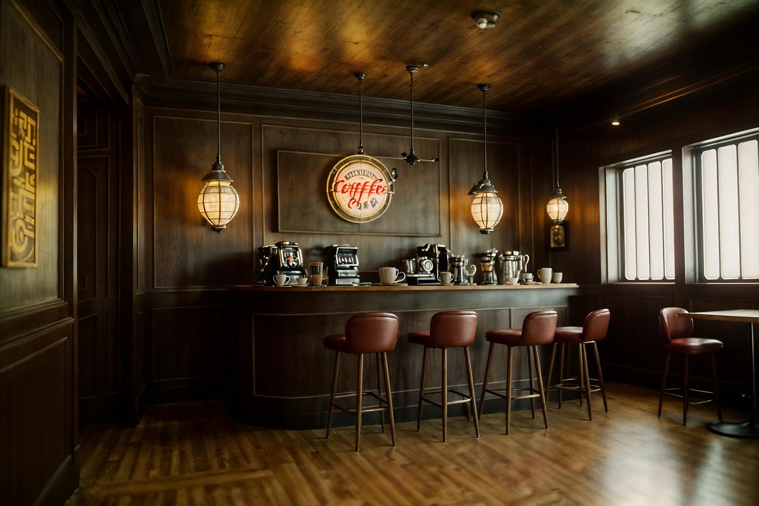 retro-style (coffee shop interior) . . cinematic photo, highly detailed, cinematic lighting, ultra-detailed, ultrarealistic, photorealism, 8k. retro interior design style. masterpiece, cinematic light, ultrarealistic+, photorealistic+, 8k, raw photo, realistic, sharp focus on eyes, (symmetrical eyes), (intact eyes), hyperrealistic, highest quality, best quality, , highly detailed, masterpiece, best quality, extremely detailed 8k wallpaper, masterpiece, best quality, ultra-detailed, best shadow, detailed background, detailed face, detailed eyes, high contrast, best illumination, detailed face, dulux, caustic, dynamic angle, detailed glow. dramatic lighting. highly detailed, insanely detailed hair, symmetrical, intricate details, professionally retouched, 8k high definition. strong bokeh. award winning photo.