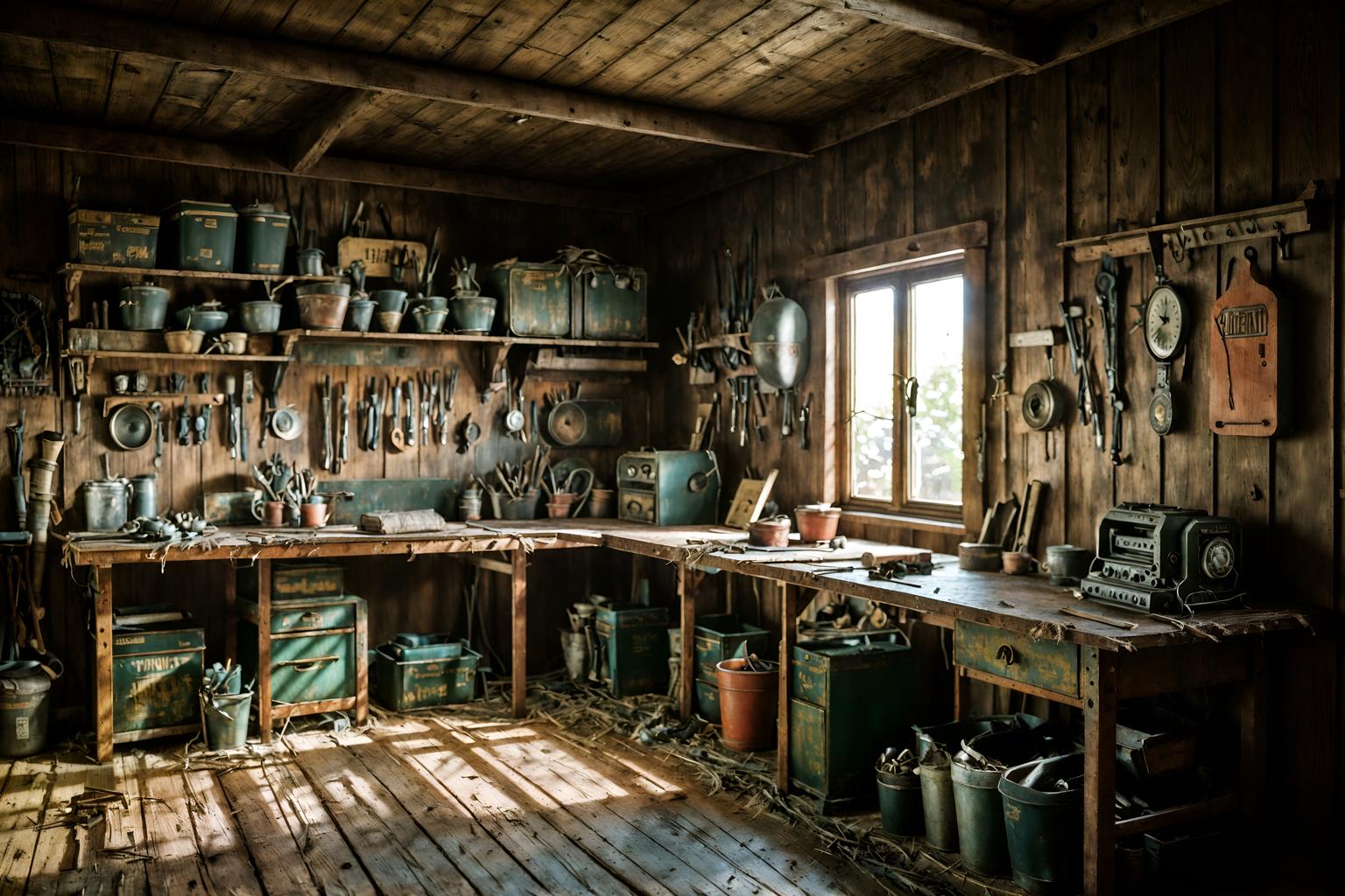 retro-style (workshop interior) with messy and wooden workbench and tool wall and messy. . . cinematic photo, highly detailed, cinematic lighting, ultra-detailed, ultrarealistic, photorealism, 8k. retro interior design style. masterpiece, cinematic light, ultrarealistic+, photorealistic+, 8k, raw photo, realistic, sharp focus on eyes, (symmetrical eyes), (intact eyes), hyperrealistic, highest quality, best quality, , highly detailed, masterpiece, best quality, extremely detailed 8k wallpaper, masterpiece, best quality, ultra-detailed, best shadow, detailed background, detailed face, detailed eyes, high contrast, best illumination, detailed face, dulux, caustic, dynamic angle, detailed glow. dramatic lighting. highly detailed, insanely detailed hair, symmetrical, intricate details, professionally retouched, 8k high definition. strong bokeh. award winning photo.