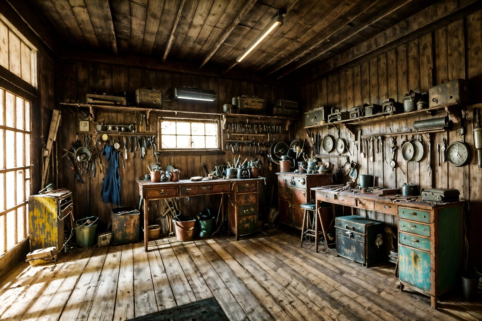 retro-style (workshop interior) with messy and wooden workbench and tool wall and messy. . . cinematic photo, highly detailed, cinematic lighting, ultra-detailed, ultrarealistic, photorealism, 8k. retro interior design style. masterpiece, cinematic light, ultrarealistic+, photorealistic+, 8k, raw photo, realistic, sharp focus on eyes, (symmetrical eyes), (intact eyes), hyperrealistic, highest quality, best quality, , highly detailed, masterpiece, best quality, extremely detailed 8k wallpaper, masterpiece, best quality, ultra-detailed, best shadow, detailed background, detailed face, detailed eyes, high contrast, best illumination, detailed face, dulux, caustic, dynamic angle, detailed glow. dramatic lighting. highly detailed, insanely detailed hair, symmetrical, intricate details, professionally retouched, 8k high definition. strong bokeh. award winning photo.