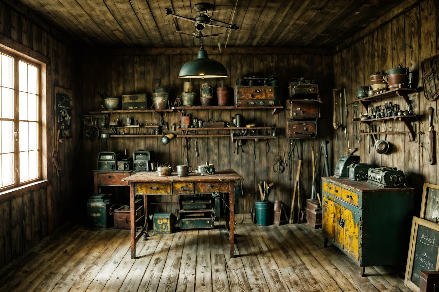 retro-style (workshop interior) with messy and wooden workbench and tool wall and messy. . . cinematic photo, highly detailed, cinematic lighting, ultra-detailed, ultrarealistic, photorealism, 8k. retro interior design style. masterpiece, cinematic light, ultrarealistic+, photorealistic+, 8k, raw photo, realistic, sharp focus on eyes, (symmetrical eyes), (intact eyes), hyperrealistic, highest quality, best quality, , highly detailed, masterpiece, best quality, extremely detailed 8k wallpaper, masterpiece, best quality, ultra-detailed, best shadow, detailed background, detailed face, detailed eyes, high contrast, best illumination, detailed face, dulux, caustic, dynamic angle, detailed glow. dramatic lighting. highly detailed, insanely detailed hair, symmetrical, intricate details, professionally retouched, 8k high definition. strong bokeh. award winning photo.