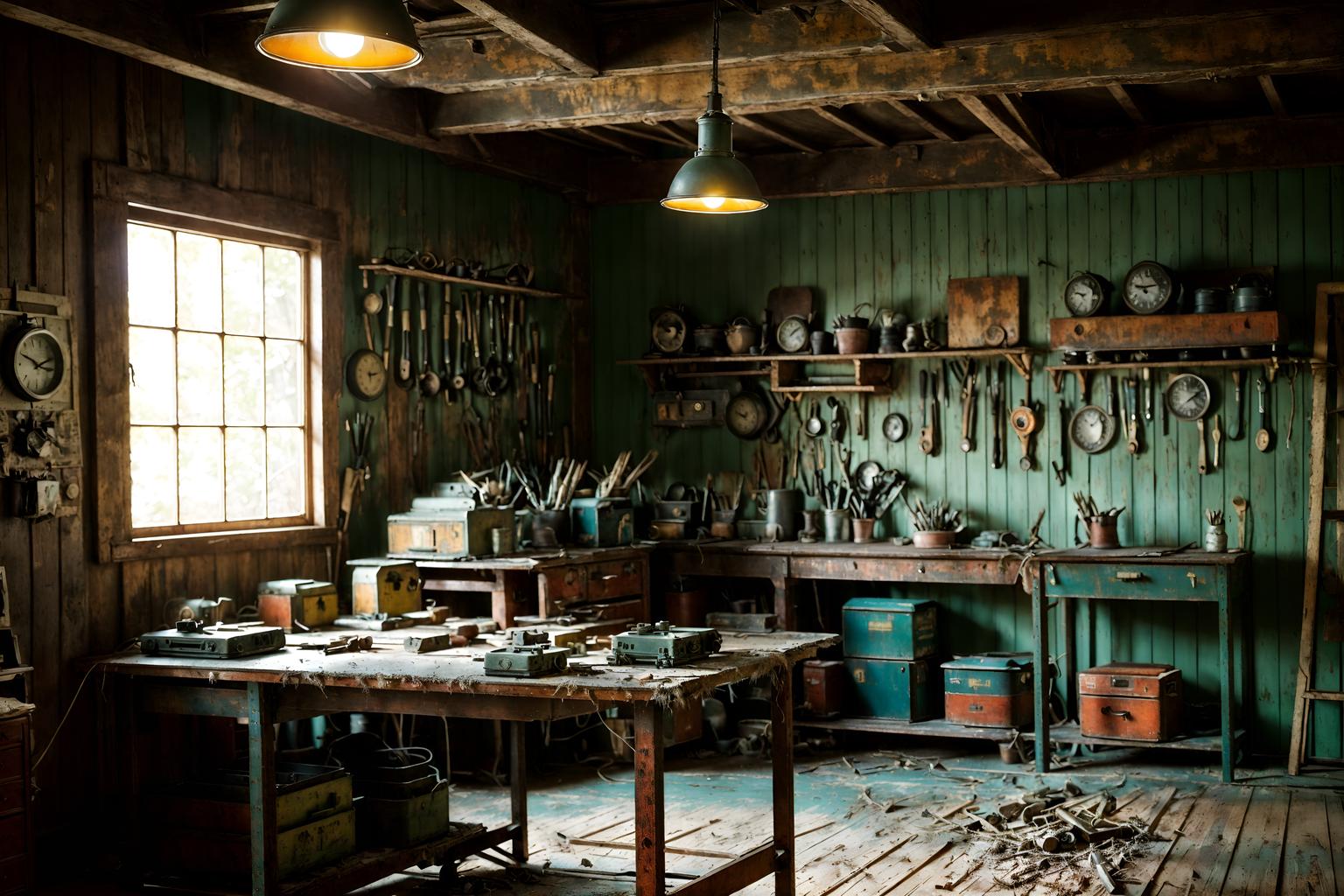 retro-style (workshop interior) with messy and wooden workbench and tool wall and messy. . . cinematic photo, highly detailed, cinematic lighting, ultra-detailed, ultrarealistic, photorealism, 8k. retro interior design style. masterpiece, cinematic light, ultrarealistic+, photorealistic+, 8k, raw photo, realistic, sharp focus on eyes, (symmetrical eyes), (intact eyes), hyperrealistic, highest quality, best quality, , highly detailed, masterpiece, best quality, extremely detailed 8k wallpaper, masterpiece, best quality, ultra-detailed, best shadow, detailed background, detailed face, detailed eyes, high contrast, best illumination, detailed face, dulux, caustic, dynamic angle, detailed glow. dramatic lighting. highly detailed, insanely detailed hair, symmetrical, intricate details, professionally retouched, 8k high definition. strong bokeh. award winning photo.