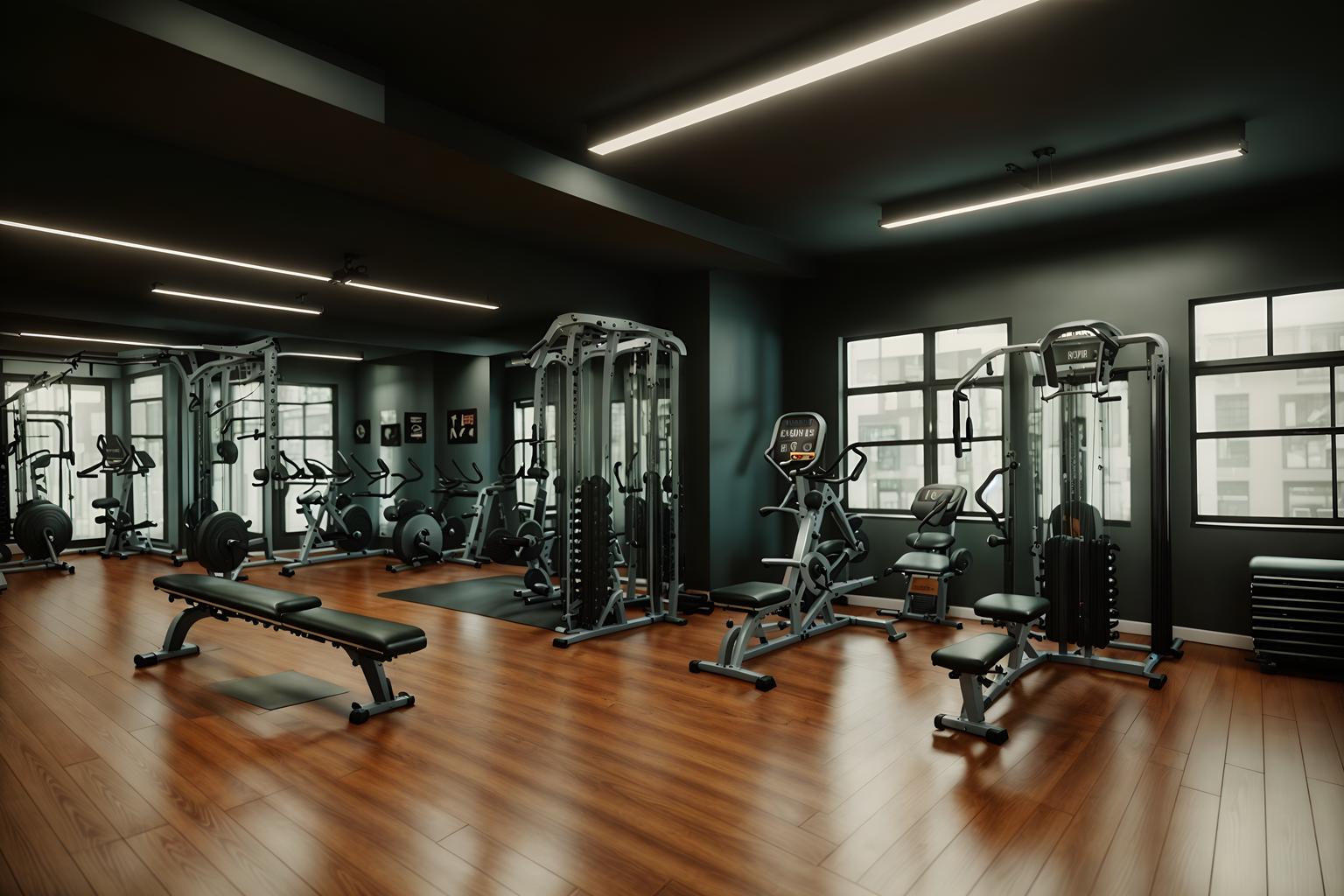 retro-style (fitness gym interior) with exercise bicycle and dumbbell stand and squat rack and bench press and crosstrainer and exercise bicycle. . . cinematic photo, highly detailed, cinematic lighting, ultra-detailed, ultrarealistic, photorealism, 8k. retro interior design style. masterpiece, cinematic light, ultrarealistic+, photorealistic+, 8k, raw photo, realistic, sharp focus on eyes, (symmetrical eyes), (intact eyes), hyperrealistic, highest quality, best quality, , highly detailed, masterpiece, best quality, extremely detailed 8k wallpaper, masterpiece, best quality, ultra-detailed, best shadow, detailed background, detailed face, detailed eyes, high contrast, best illumination, detailed face, dulux, caustic, dynamic angle, detailed glow. dramatic lighting. highly detailed, insanely detailed hair, symmetrical, intricate details, professionally retouched, 8k high definition. strong bokeh. award winning photo.