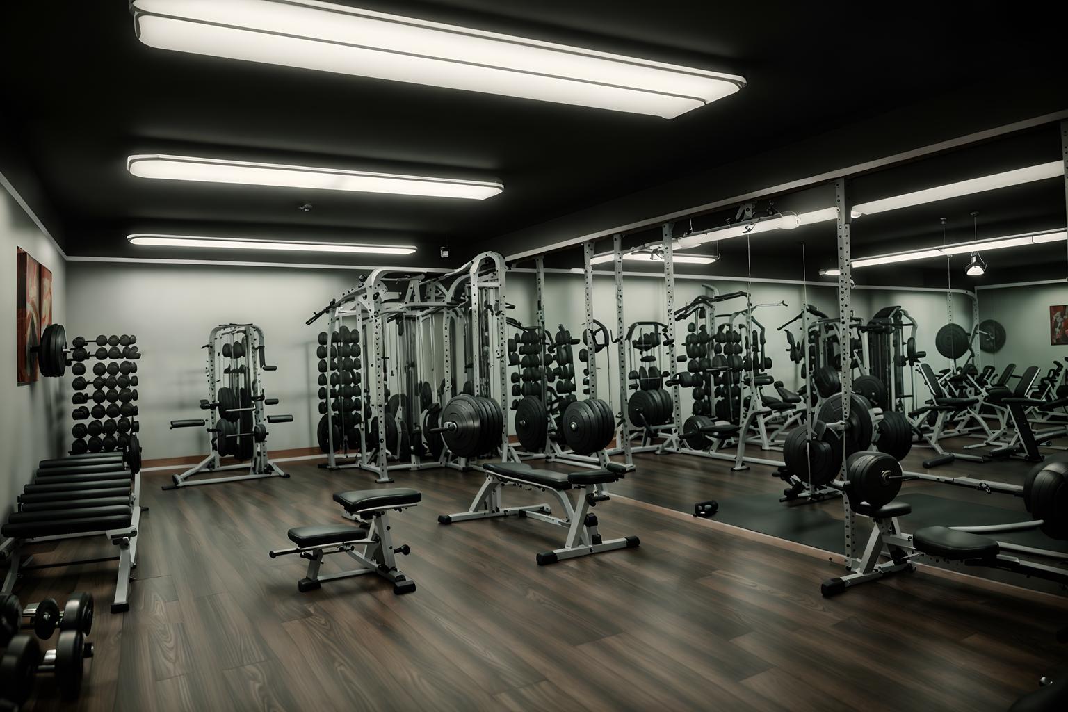retro-style (fitness gym interior) with exercise bicycle and dumbbell stand and squat rack and bench press and crosstrainer and exercise bicycle. . . cinematic photo, highly detailed, cinematic lighting, ultra-detailed, ultrarealistic, photorealism, 8k. retro interior design style. masterpiece, cinematic light, ultrarealistic+, photorealistic+, 8k, raw photo, realistic, sharp focus on eyes, (symmetrical eyes), (intact eyes), hyperrealistic, highest quality, best quality, , highly detailed, masterpiece, best quality, extremely detailed 8k wallpaper, masterpiece, best quality, ultra-detailed, best shadow, detailed background, detailed face, detailed eyes, high contrast, best illumination, detailed face, dulux, caustic, dynamic angle, detailed glow. dramatic lighting. highly detailed, insanely detailed hair, symmetrical, intricate details, professionally retouched, 8k high definition. strong bokeh. award winning photo.