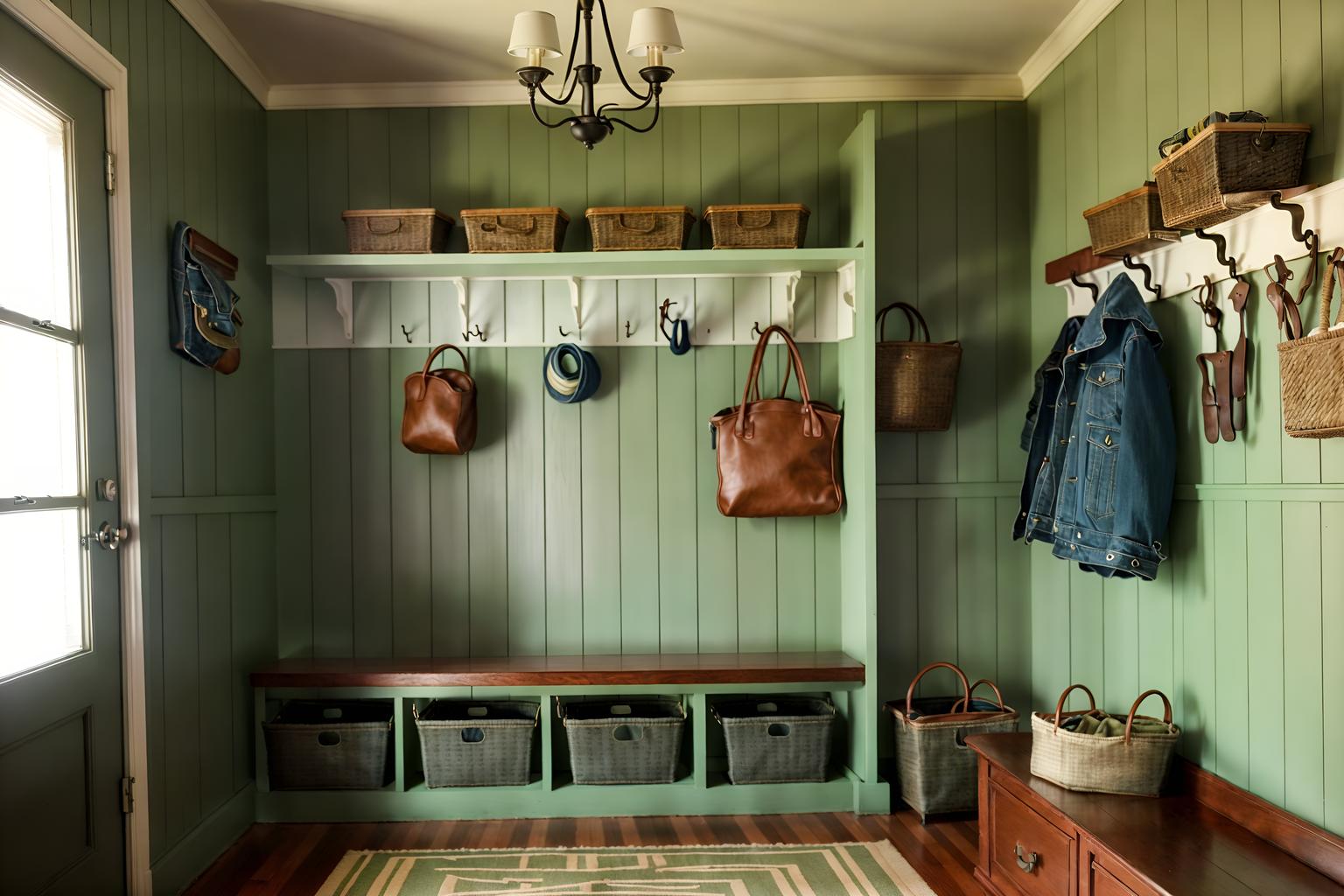 retro-style (mudroom interior) with wall hooks for coats and cubbies and high up storage and storage drawers and cabinets and storage baskets and a bench and shelves for shoes. . . cinematic photo, highly detailed, cinematic lighting, ultra-detailed, ultrarealistic, photorealism, 8k. retro interior design style. masterpiece, cinematic light, ultrarealistic+, photorealistic+, 8k, raw photo, realistic, sharp focus on eyes, (symmetrical eyes), (intact eyes), hyperrealistic, highest quality, best quality, , highly detailed, masterpiece, best quality, extremely detailed 8k wallpaper, masterpiece, best quality, ultra-detailed, best shadow, detailed background, detailed face, detailed eyes, high contrast, best illumination, detailed face, dulux, caustic, dynamic angle, detailed glow. dramatic lighting. highly detailed, insanely detailed hair, symmetrical, intricate details, professionally retouched, 8k high definition. strong bokeh. award winning photo.