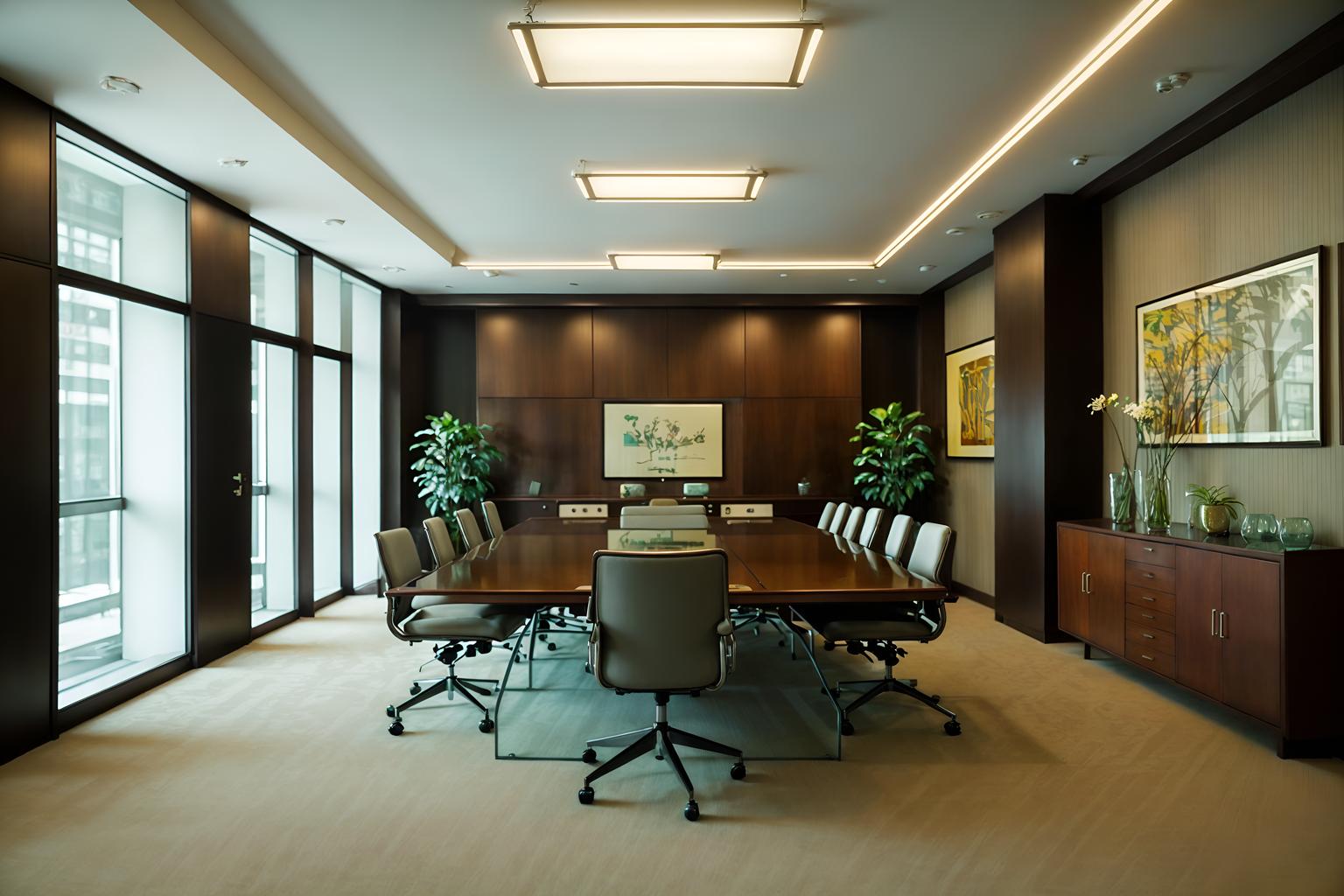 retro-style (meeting room interior) with vase and painting or photo on wall and cabinets and office chairs and plant and glass walls and glass doors and boardroom table. . . cinematic photo, highly detailed, cinematic lighting, ultra-detailed, ultrarealistic, photorealism, 8k. retro interior design style. masterpiece, cinematic light, ultrarealistic+, photorealistic+, 8k, raw photo, realistic, sharp focus on eyes, (symmetrical eyes), (intact eyes), hyperrealistic, highest quality, best quality, , highly detailed, masterpiece, best quality, extremely detailed 8k wallpaper, masterpiece, best quality, ultra-detailed, best shadow, detailed background, detailed face, detailed eyes, high contrast, best illumination, detailed face, dulux, caustic, dynamic angle, detailed glow. dramatic lighting. highly detailed, insanely detailed hair, symmetrical, intricate details, professionally retouched, 8k high definition. strong bokeh. award winning photo.