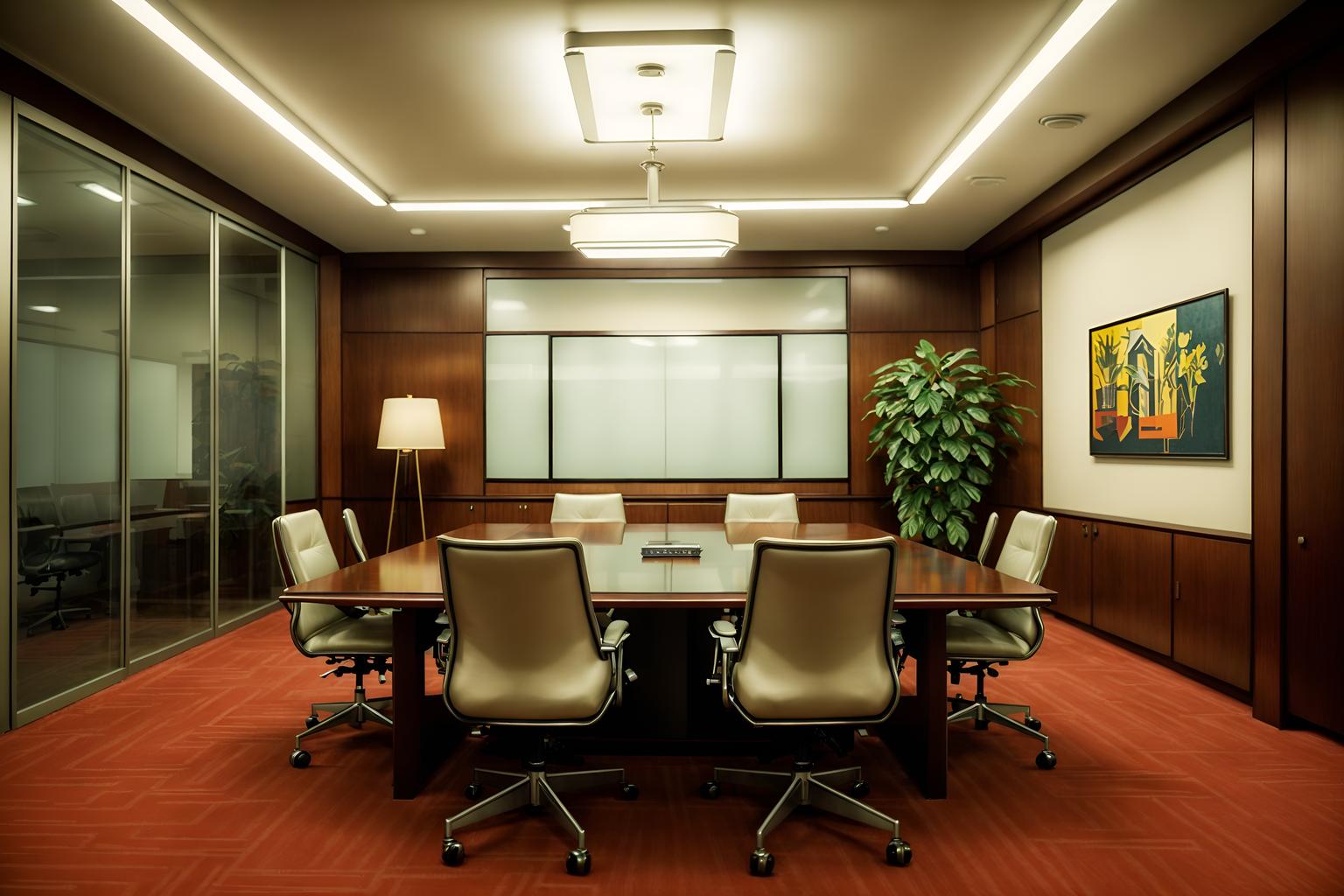 retro-style (meeting room interior) with vase and painting or photo on wall and cabinets and office chairs and plant and glass walls and glass doors and boardroom table. . . cinematic photo, highly detailed, cinematic lighting, ultra-detailed, ultrarealistic, photorealism, 8k. retro interior design style. masterpiece, cinematic light, ultrarealistic+, photorealistic+, 8k, raw photo, realistic, sharp focus on eyes, (symmetrical eyes), (intact eyes), hyperrealistic, highest quality, best quality, , highly detailed, masterpiece, best quality, extremely detailed 8k wallpaper, masterpiece, best quality, ultra-detailed, best shadow, detailed background, detailed face, detailed eyes, high contrast, best illumination, detailed face, dulux, caustic, dynamic angle, detailed glow. dramatic lighting. highly detailed, insanely detailed hair, symmetrical, intricate details, professionally retouched, 8k high definition. strong bokeh. award winning photo.