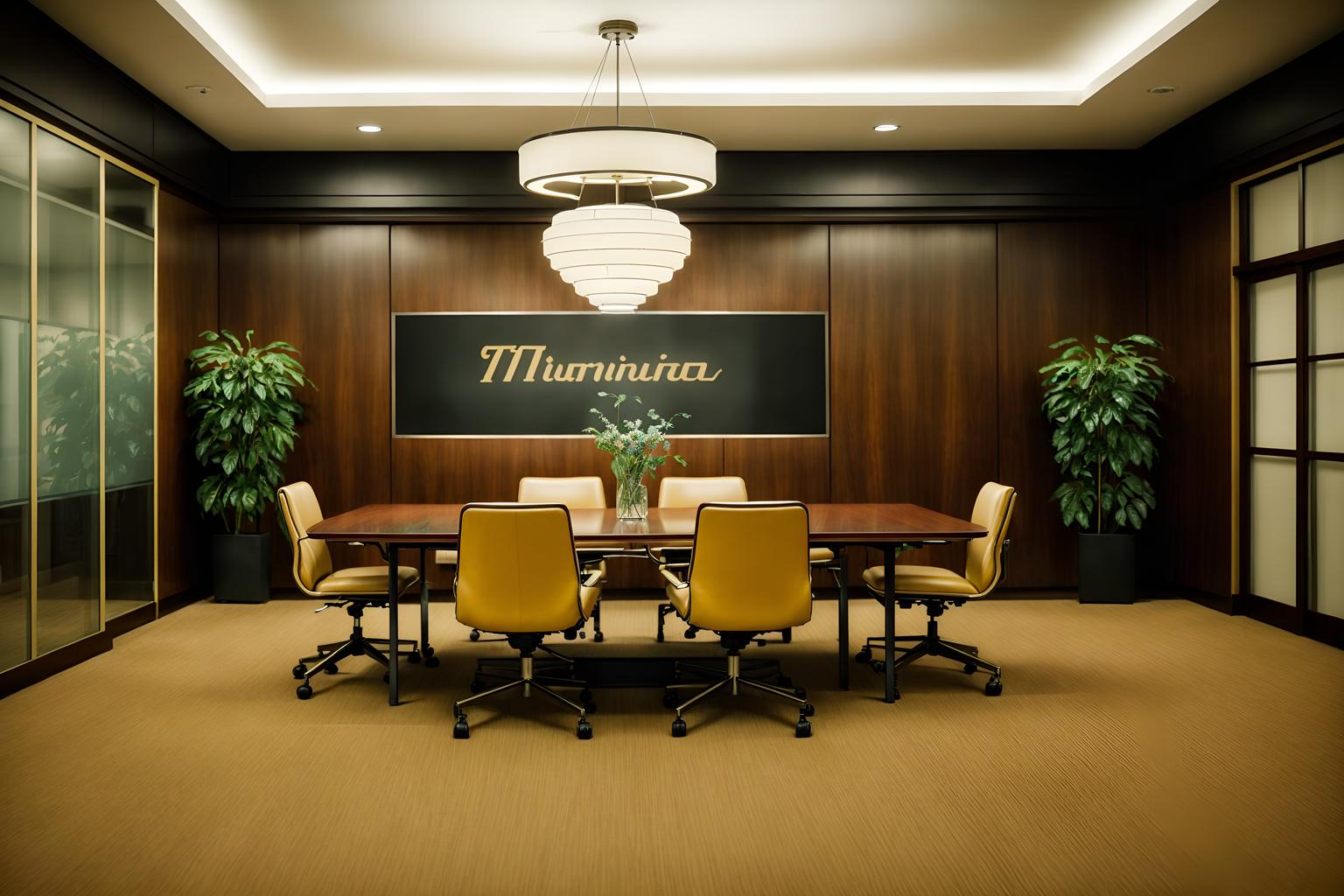 retro-style (meeting room interior) with vase and painting or photo on wall and cabinets and office chairs and plant and glass walls and glass doors and boardroom table. . . cinematic photo, highly detailed, cinematic lighting, ultra-detailed, ultrarealistic, photorealism, 8k. retro interior design style. masterpiece, cinematic light, ultrarealistic+, photorealistic+, 8k, raw photo, realistic, sharp focus on eyes, (symmetrical eyes), (intact eyes), hyperrealistic, highest quality, best quality, , highly detailed, masterpiece, best quality, extremely detailed 8k wallpaper, masterpiece, best quality, ultra-detailed, best shadow, detailed background, detailed face, detailed eyes, high contrast, best illumination, detailed face, dulux, caustic, dynamic angle, detailed glow. dramatic lighting. highly detailed, insanely detailed hair, symmetrical, intricate details, professionally retouched, 8k high definition. strong bokeh. award winning photo.