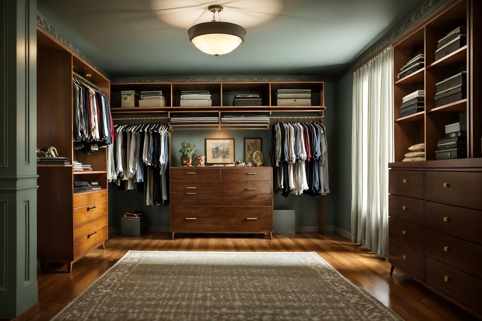 retro-style (walk in closet interior) . . cinematic photo, highly detailed, cinematic lighting, ultra-detailed, ultrarealistic, photorealism, 8k. retro interior design style. masterpiece, cinematic light, ultrarealistic+, photorealistic+, 8k, raw photo, realistic, sharp focus on eyes, (symmetrical eyes), (intact eyes), hyperrealistic, highest quality, best quality, , highly detailed, masterpiece, best quality, extremely detailed 8k wallpaper, masterpiece, best quality, ultra-detailed, best shadow, detailed background, detailed face, detailed eyes, high contrast, best illumination, detailed face, dulux, caustic, dynamic angle, detailed glow. dramatic lighting. highly detailed, insanely detailed hair, symmetrical, intricate details, professionally retouched, 8k high definition. strong bokeh. award winning photo.