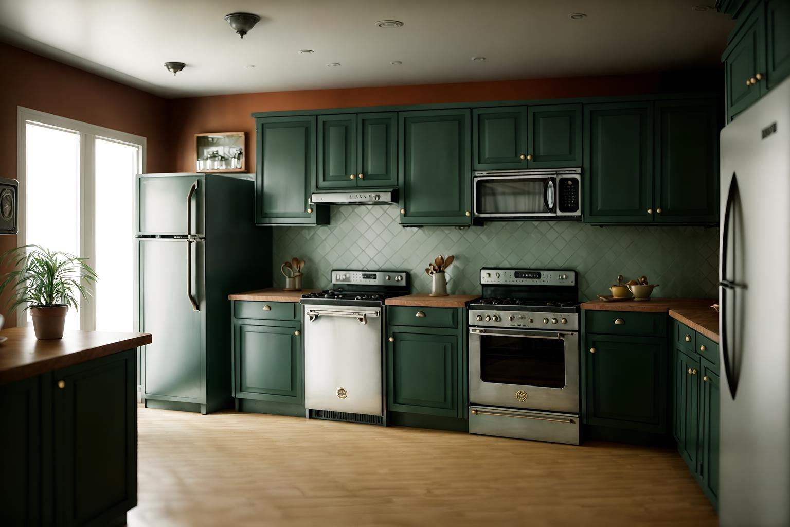 retro-style (kitchen interior) with refrigerator and stove and worktops and sink and plant and kitchen cabinets and refrigerator. . . cinematic photo, highly detailed, cinematic lighting, ultra-detailed, ultrarealistic, photorealism, 8k. retro interior design style. masterpiece, cinematic light, ultrarealistic+, photorealistic+, 8k, raw photo, realistic, sharp focus on eyes, (symmetrical eyes), (intact eyes), hyperrealistic, highest quality, best quality, , highly detailed, masterpiece, best quality, extremely detailed 8k wallpaper, masterpiece, best quality, ultra-detailed, best shadow, detailed background, detailed face, detailed eyes, high contrast, best illumination, detailed face, dulux, caustic, dynamic angle, detailed glow. dramatic lighting. highly detailed, insanely detailed hair, symmetrical, intricate details, professionally retouched, 8k high definition. strong bokeh. award winning photo.