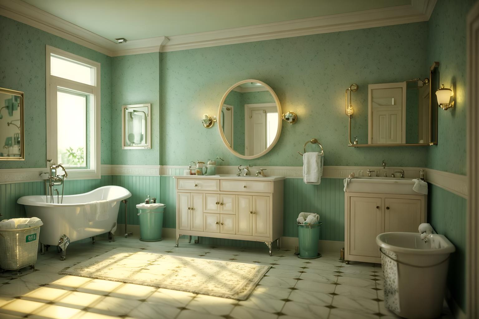 retro-style (bathroom interior) with waste basket and mirror and toilet seat and bathtub and bath rail and bathroom sink with faucet and bath towel and bathroom cabinet. . . cinematic photo, highly detailed, cinematic lighting, ultra-detailed, ultrarealistic, photorealism, 8k. retro interior design style. masterpiece, cinematic light, ultrarealistic+, photorealistic+, 8k, raw photo, realistic, sharp focus on eyes, (symmetrical eyes), (intact eyes), hyperrealistic, highest quality, best quality, , highly detailed, masterpiece, best quality, extremely detailed 8k wallpaper, masterpiece, best quality, ultra-detailed, best shadow, detailed background, detailed face, detailed eyes, high contrast, best illumination, detailed face, dulux, caustic, dynamic angle, detailed glow. dramatic lighting. highly detailed, insanely detailed hair, symmetrical, intricate details, professionally retouched, 8k high definition. strong bokeh. award winning photo.