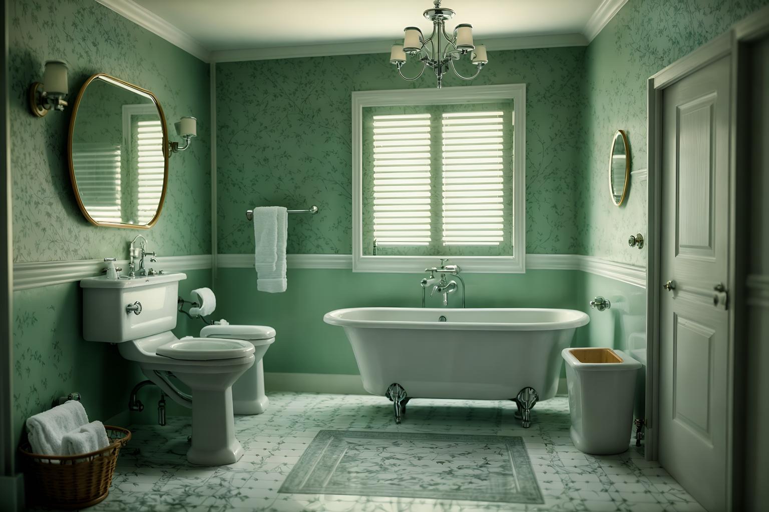 retro-style (bathroom interior) with waste basket and mirror and toilet seat and bathtub and bath rail and bathroom sink with faucet and bath towel and bathroom cabinet. . . cinematic photo, highly detailed, cinematic lighting, ultra-detailed, ultrarealistic, photorealism, 8k. retro interior design style. masterpiece, cinematic light, ultrarealistic+, photorealistic+, 8k, raw photo, realistic, sharp focus on eyes, (symmetrical eyes), (intact eyes), hyperrealistic, highest quality, best quality, , highly detailed, masterpiece, best quality, extremely detailed 8k wallpaper, masterpiece, best quality, ultra-detailed, best shadow, detailed background, detailed face, detailed eyes, high contrast, best illumination, detailed face, dulux, caustic, dynamic angle, detailed glow. dramatic lighting. highly detailed, insanely detailed hair, symmetrical, intricate details, professionally retouched, 8k high definition. strong bokeh. award winning photo.