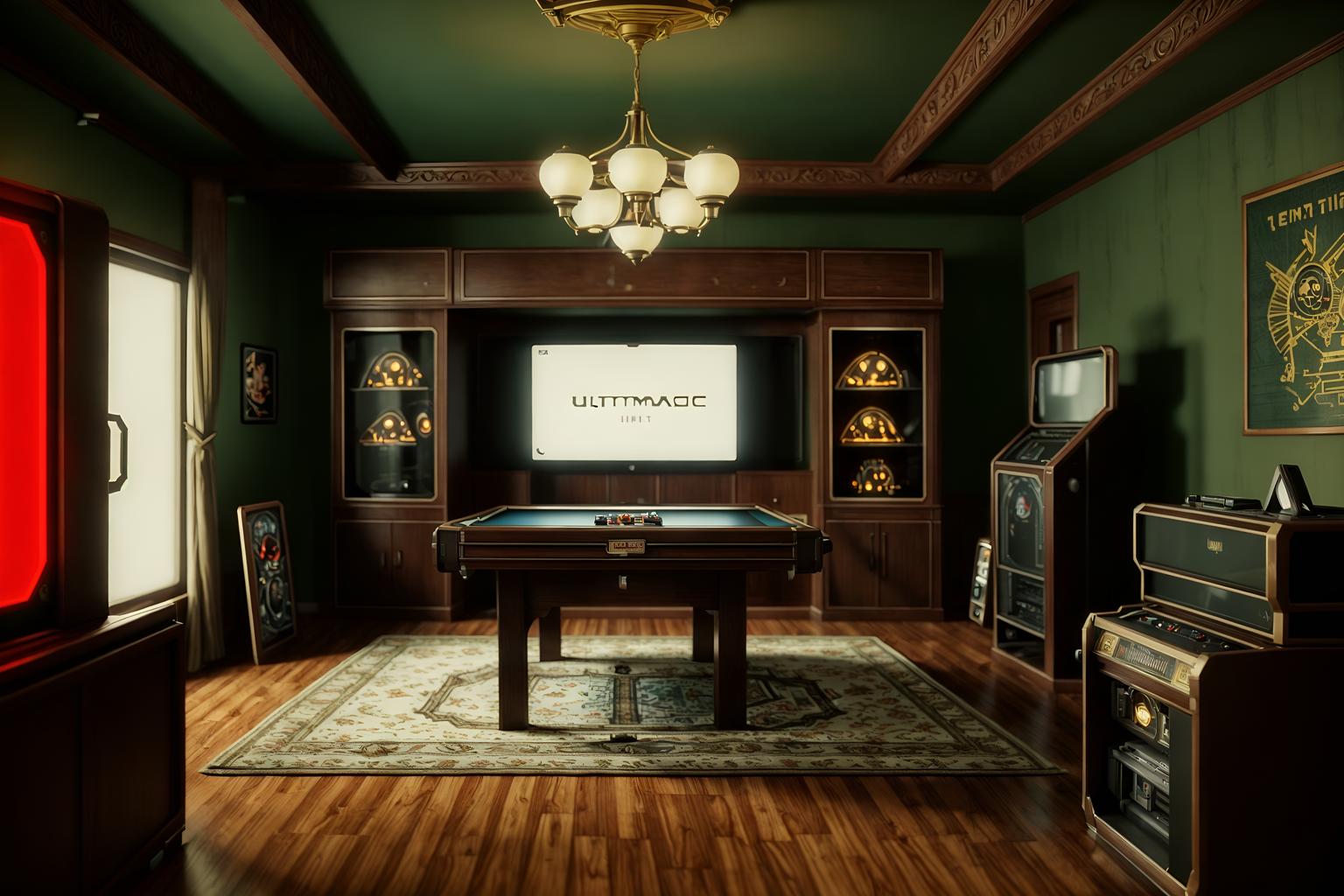 retro-style (gaming room interior) . . cinematic photo, highly detailed, cinematic lighting, ultra-detailed, ultrarealistic, photorealism, 8k. retro interior design style. masterpiece, cinematic light, ultrarealistic+, photorealistic+, 8k, raw photo, realistic, sharp focus on eyes, (symmetrical eyes), (intact eyes), hyperrealistic, highest quality, best quality, , highly detailed, masterpiece, best quality, extremely detailed 8k wallpaper, masterpiece, best quality, ultra-detailed, best shadow, detailed background, detailed face, detailed eyes, high contrast, best illumination, detailed face, dulux, caustic, dynamic angle, detailed glow. dramatic lighting. highly detailed, insanely detailed hair, symmetrical, intricate details, professionally retouched, 8k high definition. strong bokeh. award winning photo.