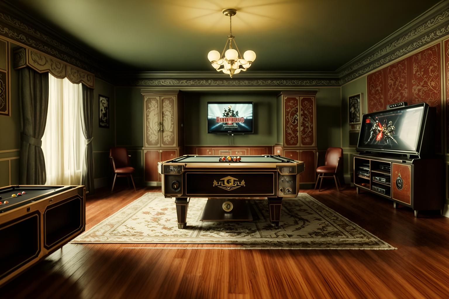 retro-style (gaming room interior) . . cinematic photo, highly detailed, cinematic lighting, ultra-detailed, ultrarealistic, photorealism, 8k. retro interior design style. masterpiece, cinematic light, ultrarealistic+, photorealistic+, 8k, raw photo, realistic, sharp focus on eyes, (symmetrical eyes), (intact eyes), hyperrealistic, highest quality, best quality, , highly detailed, masterpiece, best quality, extremely detailed 8k wallpaper, masterpiece, best quality, ultra-detailed, best shadow, detailed background, detailed face, detailed eyes, high contrast, best illumination, detailed face, dulux, caustic, dynamic angle, detailed glow. dramatic lighting. highly detailed, insanely detailed hair, symmetrical, intricate details, professionally retouched, 8k high definition. strong bokeh. award winning photo.