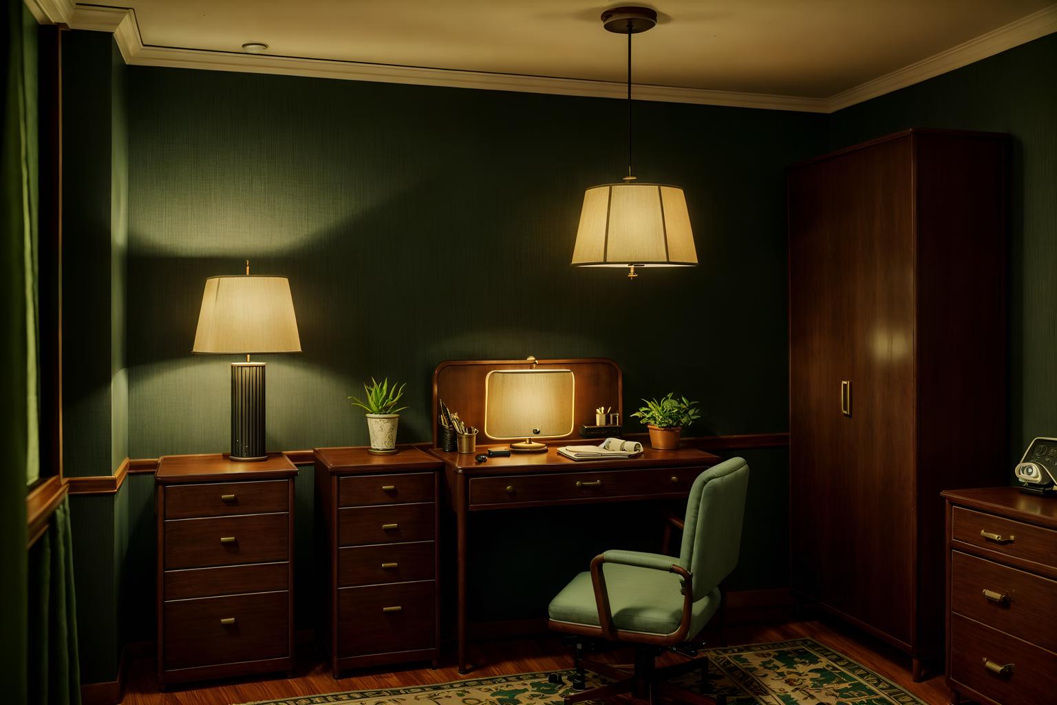 retro-style (hotel room interior) with dresser closet and hotel bathroom and storage bench or ottoman and working desk with desk chair and night light and bedside table or night stand and plant and bed. . . cinematic photo, highly detailed, cinematic lighting, ultra-detailed, ultrarealistic, photorealism, 8k. retro interior design style. masterpiece, cinematic light, ultrarealistic+, photorealistic+, 8k, raw photo, realistic, sharp focus on eyes, (symmetrical eyes), (intact eyes), hyperrealistic, highest quality, best quality, , highly detailed, masterpiece, best quality, extremely detailed 8k wallpaper, masterpiece, best quality, ultra-detailed, best shadow, detailed background, detailed face, detailed eyes, high contrast, best illumination, detailed face, dulux, caustic, dynamic angle, detailed glow. dramatic lighting. highly detailed, insanely detailed hair, symmetrical, intricate details, professionally retouched, 8k high definition. strong bokeh. award winning photo.