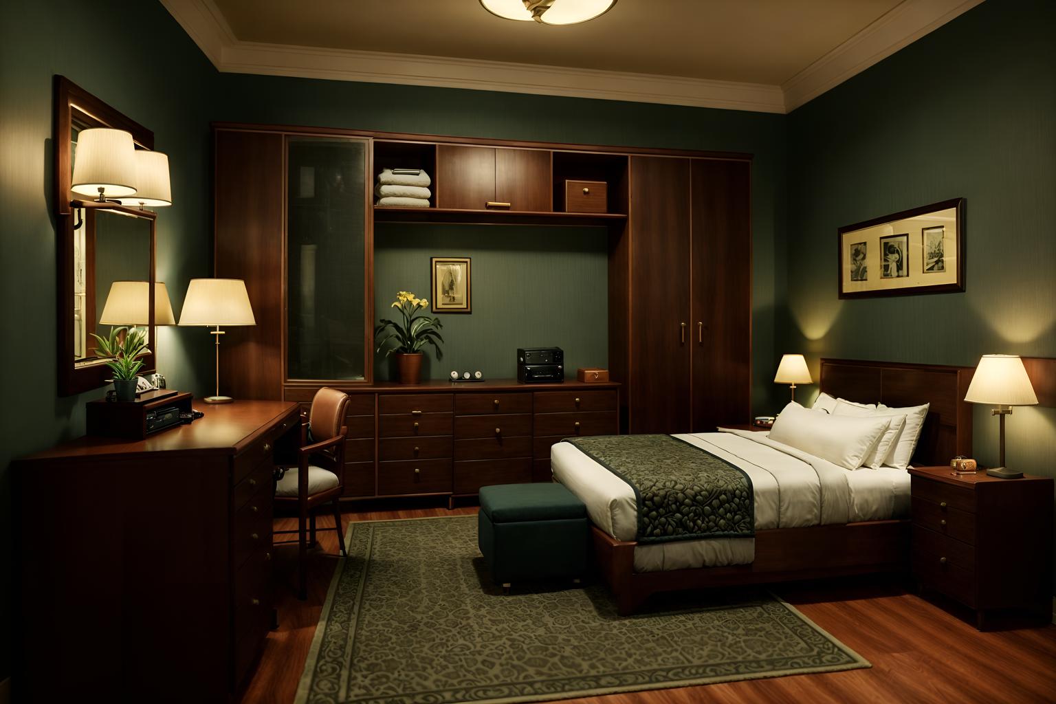 retro-style (hotel room interior) with dresser closet and hotel bathroom and storage bench or ottoman and working desk with desk chair and night light and bedside table or night stand and plant and bed. . . cinematic photo, highly detailed, cinematic lighting, ultra-detailed, ultrarealistic, photorealism, 8k. retro interior design style. masterpiece, cinematic light, ultrarealistic+, photorealistic+, 8k, raw photo, realistic, sharp focus on eyes, (symmetrical eyes), (intact eyes), hyperrealistic, highest quality, best quality, , highly detailed, masterpiece, best quality, extremely detailed 8k wallpaper, masterpiece, best quality, ultra-detailed, best shadow, detailed background, detailed face, detailed eyes, high contrast, best illumination, detailed face, dulux, caustic, dynamic angle, detailed glow. dramatic lighting. highly detailed, insanely detailed hair, symmetrical, intricate details, professionally retouched, 8k high definition. strong bokeh. award winning photo.