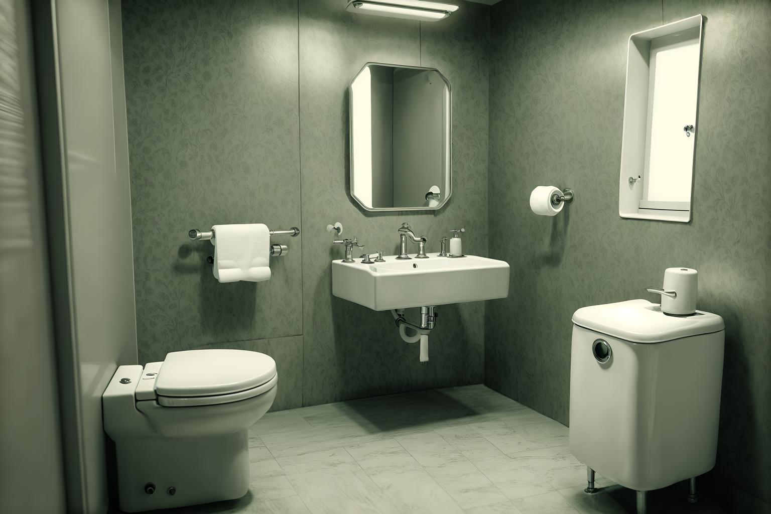 retro-style (toilet interior) with sink with tap and toilet with toilet seat up and toilet paper hanger and sink with tap. . . cinematic photo, highly detailed, cinematic lighting, ultra-detailed, ultrarealistic, photorealism, 8k. retro interior design style. masterpiece, cinematic light, ultrarealistic+, photorealistic+, 8k, raw photo, realistic, sharp focus on eyes, (symmetrical eyes), (intact eyes), hyperrealistic, highest quality, best quality, , highly detailed, masterpiece, best quality, extremely detailed 8k wallpaper, masterpiece, best quality, ultra-detailed, best shadow, detailed background, detailed face, detailed eyes, high contrast, best illumination, detailed face, dulux, caustic, dynamic angle, detailed glow. dramatic lighting. highly detailed, insanely detailed hair, symmetrical, intricate details, professionally retouched, 8k high definition. strong bokeh. award winning photo.