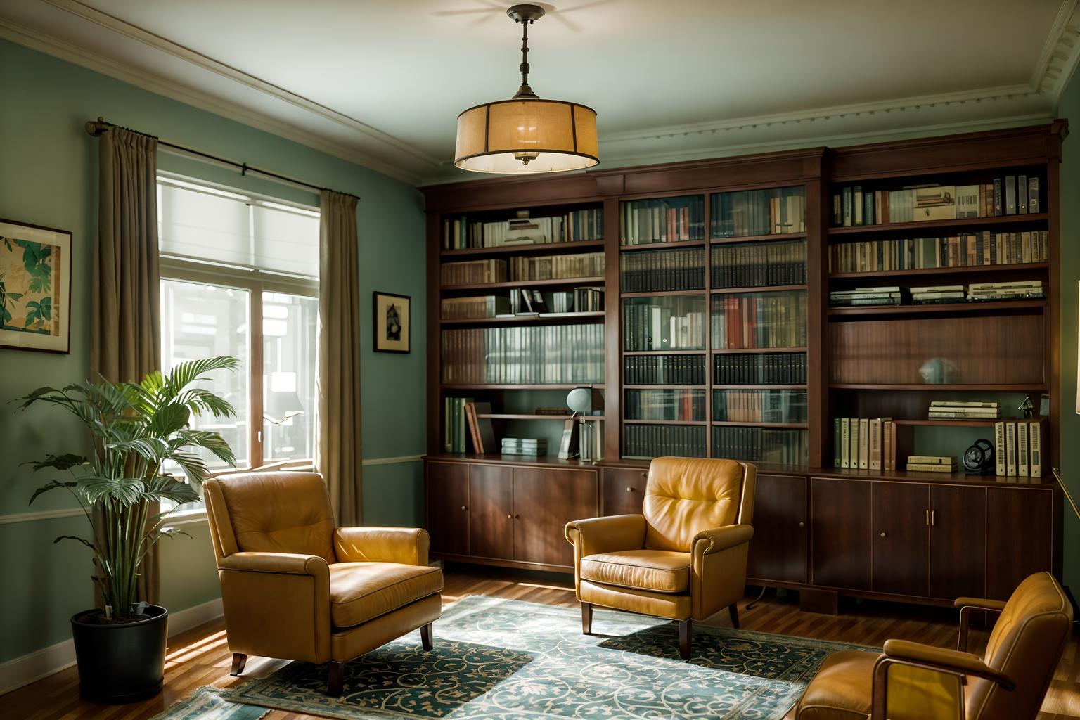 retro-style (study room interior) with lounge chair and cabinets and office chair and plant and bookshelves and writing desk and desk lamp and lounge chair. . . cinematic photo, highly detailed, cinematic lighting, ultra-detailed, ultrarealistic, photorealism, 8k. retro interior design style. masterpiece, cinematic light, ultrarealistic+, photorealistic+, 8k, raw photo, realistic, sharp focus on eyes, (symmetrical eyes), (intact eyes), hyperrealistic, highest quality, best quality, , highly detailed, masterpiece, best quality, extremely detailed 8k wallpaper, masterpiece, best quality, ultra-detailed, best shadow, detailed background, detailed face, detailed eyes, high contrast, best illumination, detailed face, dulux, caustic, dynamic angle, detailed glow. dramatic lighting. highly detailed, insanely detailed hair, symmetrical, intricate details, professionally retouched, 8k high definition. strong bokeh. award winning photo.