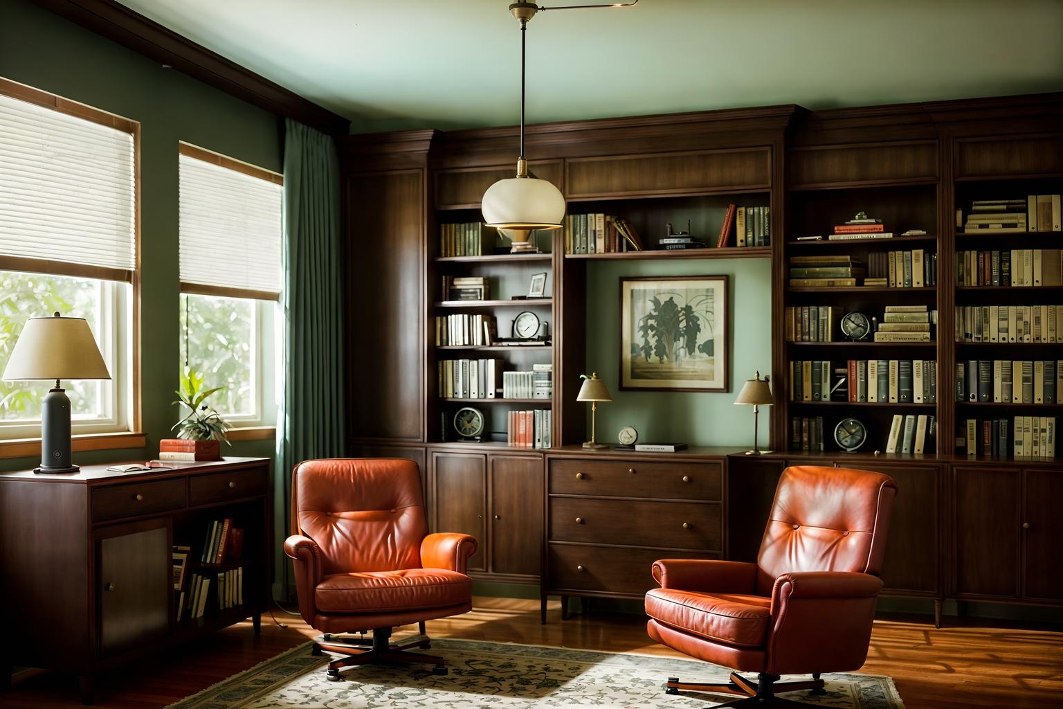 retro-style (study room interior) with lounge chair and cabinets and office chair and plant and bookshelves and writing desk and desk lamp and lounge chair. . . cinematic photo, highly detailed, cinematic lighting, ultra-detailed, ultrarealistic, photorealism, 8k. retro interior design style. masterpiece, cinematic light, ultrarealistic+, photorealistic+, 8k, raw photo, realistic, sharp focus on eyes, (symmetrical eyes), (intact eyes), hyperrealistic, highest quality, best quality, , highly detailed, masterpiece, best quality, extremely detailed 8k wallpaper, masterpiece, best quality, ultra-detailed, best shadow, detailed background, detailed face, detailed eyes, high contrast, best illumination, detailed face, dulux, caustic, dynamic angle, detailed glow. dramatic lighting. highly detailed, insanely detailed hair, symmetrical, intricate details, professionally retouched, 8k high definition. strong bokeh. award winning photo.