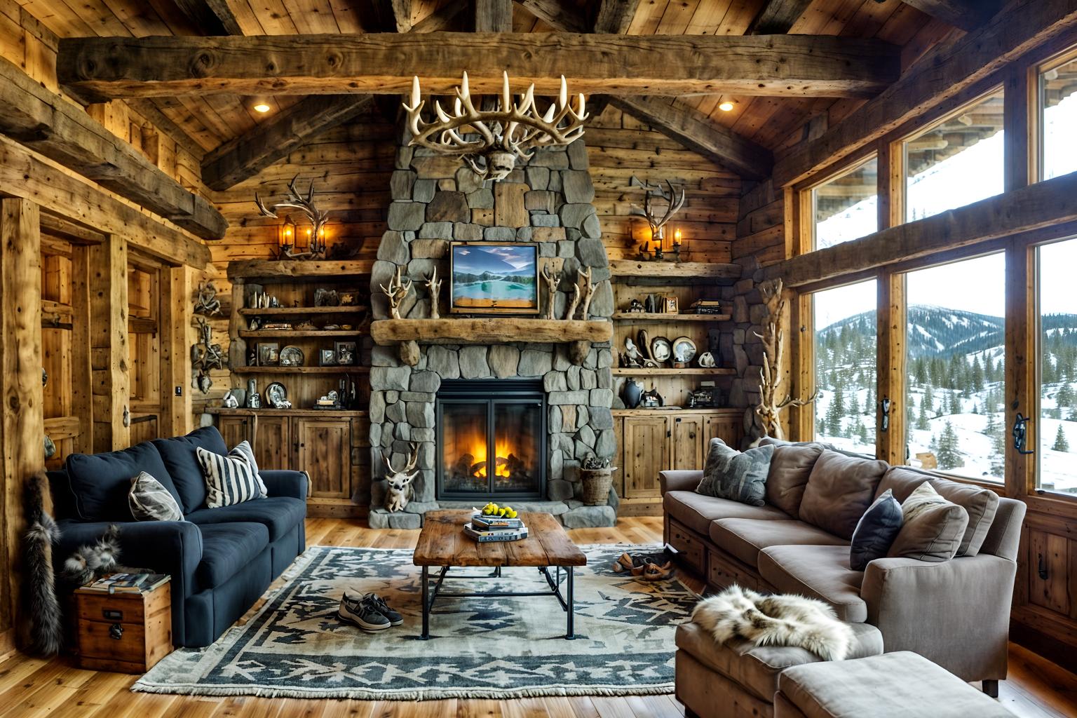 ski chalet-style (drop zone interior) with high up storage and wall hooks for coats and a bench and shelves for shoes and cabinets and cubbies and storage drawers and storage baskets. . with exposed construction beams and stone fireplace and animal furs and hanging wall elk antler and nature-inspired and exposed wood and wood beams and animal rugs. . cinematic photo, highly detailed, cinematic lighting, ultra-detailed, ultrarealistic, photorealism, 8k. ski chalet interior design style. masterpiece, cinematic light, ultrarealistic+, photorealistic+, 8k, raw photo, realistic, sharp focus on eyes, (symmetrical eyes), (intact eyes), hyperrealistic, highest quality, best quality, , highly detailed, masterpiece, best quality, extremely detailed 8k wallpaper, masterpiece, best quality, ultra-detailed, best shadow, detailed background, detailed face, detailed eyes, high contrast, best illumination, detailed face, dulux, caustic, dynamic angle, detailed glow. dramatic lighting. highly detailed, insanely detailed hair, symmetrical, intricate details, professionally retouched, 8k high definition. strong bokeh. award winning photo.