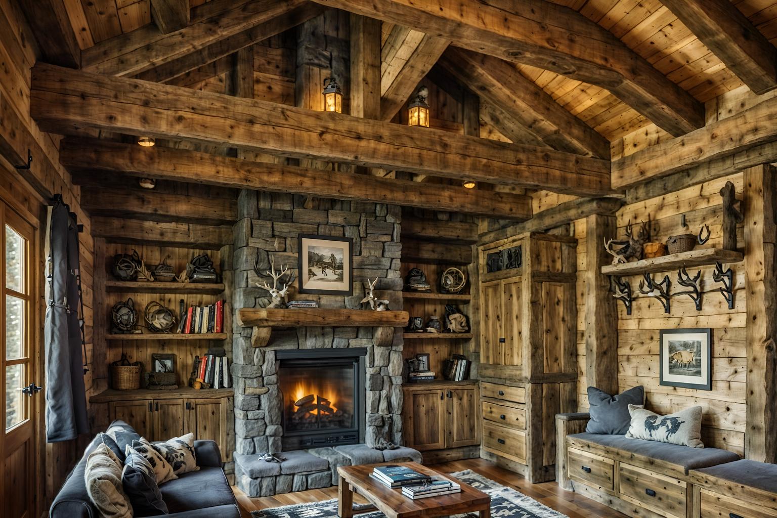 ski chalet-style (drop zone interior) with high up storage and wall hooks for coats and a bench and shelves for shoes and cabinets and cubbies and storage drawers and storage baskets. . with exposed construction beams and stone fireplace and animal furs and hanging wall elk antler and nature-inspired and exposed wood and wood beams and animal rugs. . cinematic photo, highly detailed, cinematic lighting, ultra-detailed, ultrarealistic, photorealism, 8k. ski chalet interior design style. masterpiece, cinematic light, ultrarealistic+, photorealistic+, 8k, raw photo, realistic, sharp focus on eyes, (symmetrical eyes), (intact eyes), hyperrealistic, highest quality, best quality, , highly detailed, masterpiece, best quality, extremely detailed 8k wallpaper, masterpiece, best quality, ultra-detailed, best shadow, detailed background, detailed face, detailed eyes, high contrast, best illumination, detailed face, dulux, caustic, dynamic angle, detailed glow. dramatic lighting. highly detailed, insanely detailed hair, symmetrical, intricate details, professionally retouched, 8k high definition. strong bokeh. award winning photo.