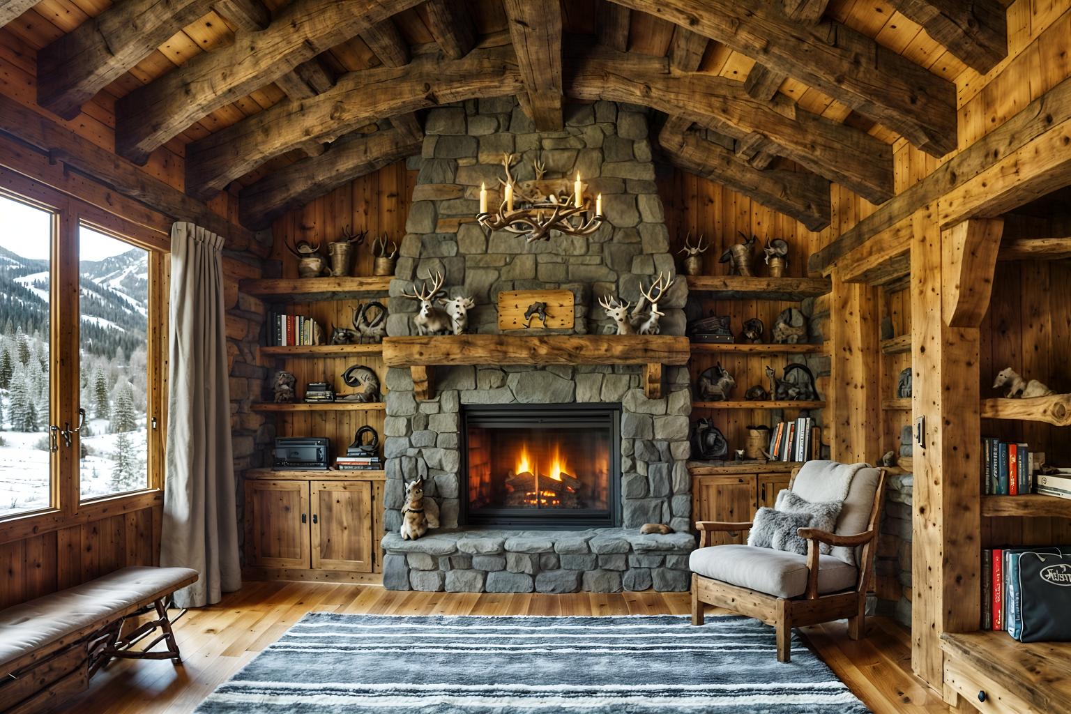 ski chalet-style (drop zone interior) with high up storage and wall hooks for coats and a bench and shelves for shoes and cabinets and cubbies and storage drawers and storage baskets. . with exposed construction beams and stone fireplace and animal furs and hanging wall elk antler and nature-inspired and exposed wood and wood beams and animal rugs. . cinematic photo, highly detailed, cinematic lighting, ultra-detailed, ultrarealistic, photorealism, 8k. ski chalet interior design style. masterpiece, cinematic light, ultrarealistic+, photorealistic+, 8k, raw photo, realistic, sharp focus on eyes, (symmetrical eyes), (intact eyes), hyperrealistic, highest quality, best quality, , highly detailed, masterpiece, best quality, extremely detailed 8k wallpaper, masterpiece, best quality, ultra-detailed, best shadow, detailed background, detailed face, detailed eyes, high contrast, best illumination, detailed face, dulux, caustic, dynamic angle, detailed glow. dramatic lighting. highly detailed, insanely detailed hair, symmetrical, intricate details, professionally retouched, 8k high definition. strong bokeh. award winning photo.