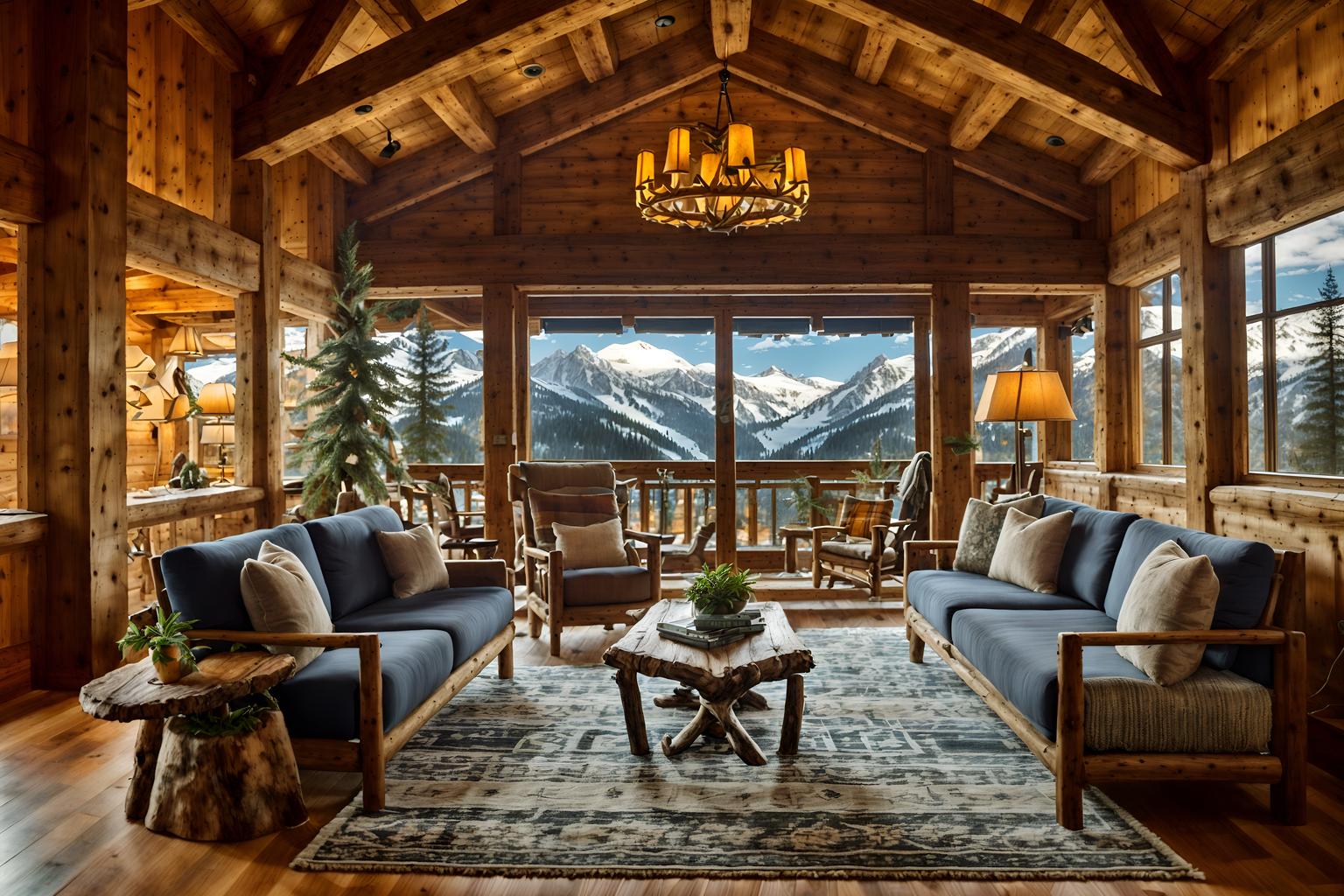 ski chalet-style (hotel lobby interior) with plant and lounge chairs and check in desk and sofas and furniture and rug and hanging lamps and coffee tables. . with layered textiles and exposed timber and nature-inspired and exposed wood and mountain-inspired and exposed construction beams and hanging wall elk antler and animal rugs. . cinematic photo, highly detailed, cinematic lighting, ultra-detailed, ultrarealistic, photorealism, 8k. ski chalet interior design style. masterpiece, cinematic light, ultrarealistic+, photorealistic+, 8k, raw photo, realistic, sharp focus on eyes, (symmetrical eyes), (intact eyes), hyperrealistic, highest quality, best quality, , highly detailed, masterpiece, best quality, extremely detailed 8k wallpaper, masterpiece, best quality, ultra-detailed, best shadow, detailed background, detailed face, detailed eyes, high contrast, best illumination, detailed face, dulux, caustic, dynamic angle, detailed glow. dramatic lighting. highly detailed, insanely detailed hair, symmetrical, intricate details, professionally retouched, 8k high definition. strong bokeh. award winning photo.