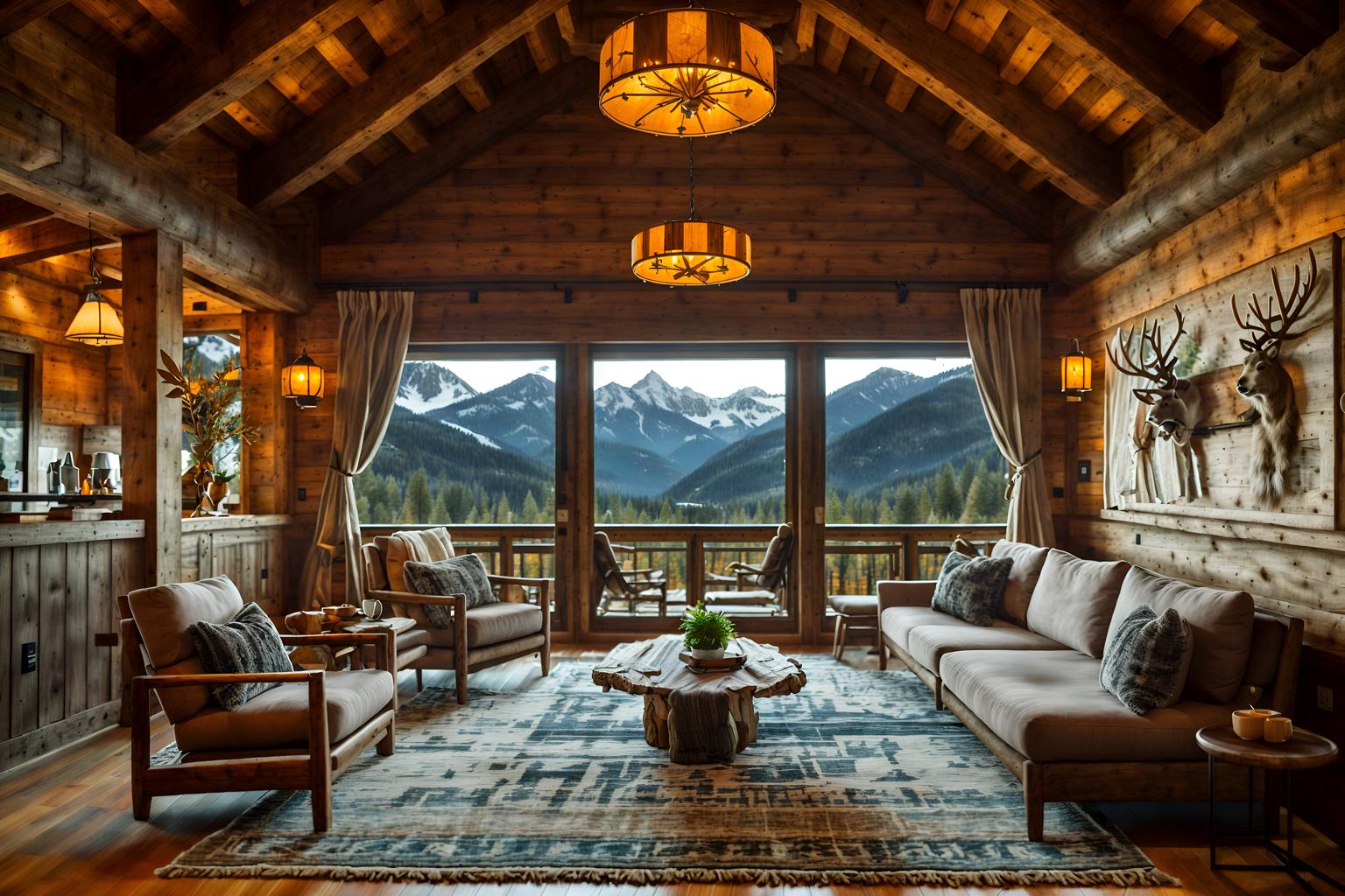 ski chalet-style (hotel lobby interior) with plant and lounge chairs and check in desk and sofas and furniture and rug and hanging lamps and coffee tables. . with layered textiles and exposed timber and nature-inspired and exposed wood and mountain-inspired and exposed construction beams and hanging wall elk antler and animal rugs. . cinematic photo, highly detailed, cinematic lighting, ultra-detailed, ultrarealistic, photorealism, 8k. ski chalet interior design style. masterpiece, cinematic light, ultrarealistic+, photorealistic+, 8k, raw photo, realistic, sharp focus on eyes, (symmetrical eyes), (intact eyes), hyperrealistic, highest quality, best quality, , highly detailed, masterpiece, best quality, extremely detailed 8k wallpaper, masterpiece, best quality, ultra-detailed, best shadow, detailed background, detailed face, detailed eyes, high contrast, best illumination, detailed face, dulux, caustic, dynamic angle, detailed glow. dramatic lighting. highly detailed, insanely detailed hair, symmetrical, intricate details, professionally retouched, 8k high definition. strong bokeh. award winning photo.