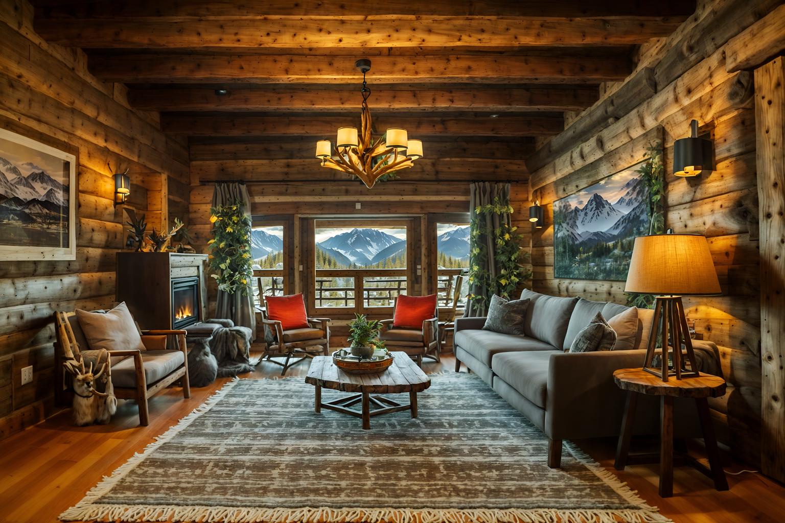 ski chalet-style (hotel lobby interior) with plant and lounge chairs and check in desk and sofas and furniture and rug and hanging lamps and coffee tables. . with layered textiles and exposed timber and nature-inspired and exposed wood and mountain-inspired and exposed construction beams and hanging wall elk antler and animal rugs. . cinematic photo, highly detailed, cinematic lighting, ultra-detailed, ultrarealistic, photorealism, 8k. ski chalet interior design style. masterpiece, cinematic light, ultrarealistic+, photorealistic+, 8k, raw photo, realistic, sharp focus on eyes, (symmetrical eyes), (intact eyes), hyperrealistic, highest quality, best quality, , highly detailed, masterpiece, best quality, extremely detailed 8k wallpaper, masterpiece, best quality, ultra-detailed, best shadow, detailed background, detailed face, detailed eyes, high contrast, best illumination, detailed face, dulux, caustic, dynamic angle, detailed glow. dramatic lighting. highly detailed, insanely detailed hair, symmetrical, intricate details, professionally retouched, 8k high definition. strong bokeh. award winning photo.