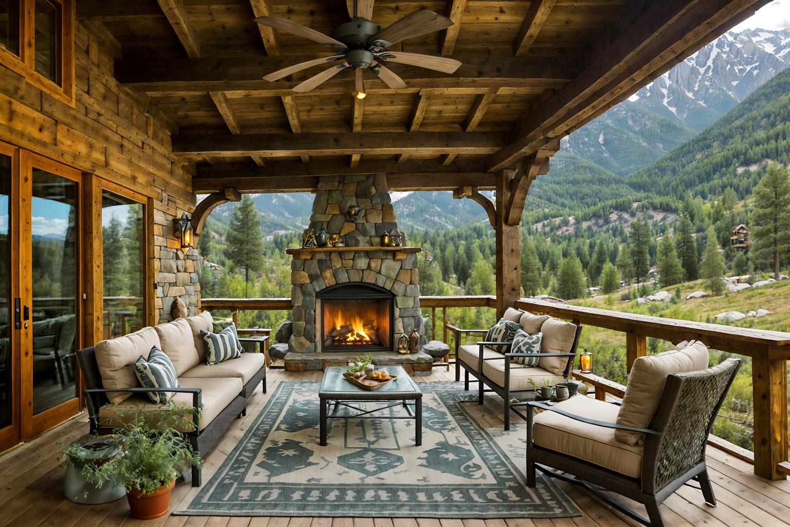 ski chalet-style designed (outdoor patio ) with patio couch with pillows and plant and grass and deck with deck chairs and barbeque or grill and patio couch with pillows. . with stone fireplace and nature-inspired and animal motifs and animal rugs and exposed wood and exposed construction beams and stone fireplace and window with mountain views. . cinematic photo, highly detailed, cinematic lighting, ultra-detailed, ultrarealistic, photorealism, 8k. ski chalet design style. masterpiece, cinematic light, ultrarealistic+, photorealistic+, 8k, raw photo, realistic, sharp focus on eyes, (symmetrical eyes), (intact eyes), hyperrealistic, highest quality, best quality, , highly detailed, masterpiece, best quality, extremely detailed 8k wallpaper, masterpiece, best quality, ultra-detailed, best shadow, detailed background, detailed face, detailed eyes, high contrast, best illumination, detailed face, dulux, caustic, dynamic angle, detailed glow. dramatic lighting. highly detailed, insanely detailed hair, symmetrical, intricate details, professionally retouched, 8k high definition. strong bokeh. award winning photo.