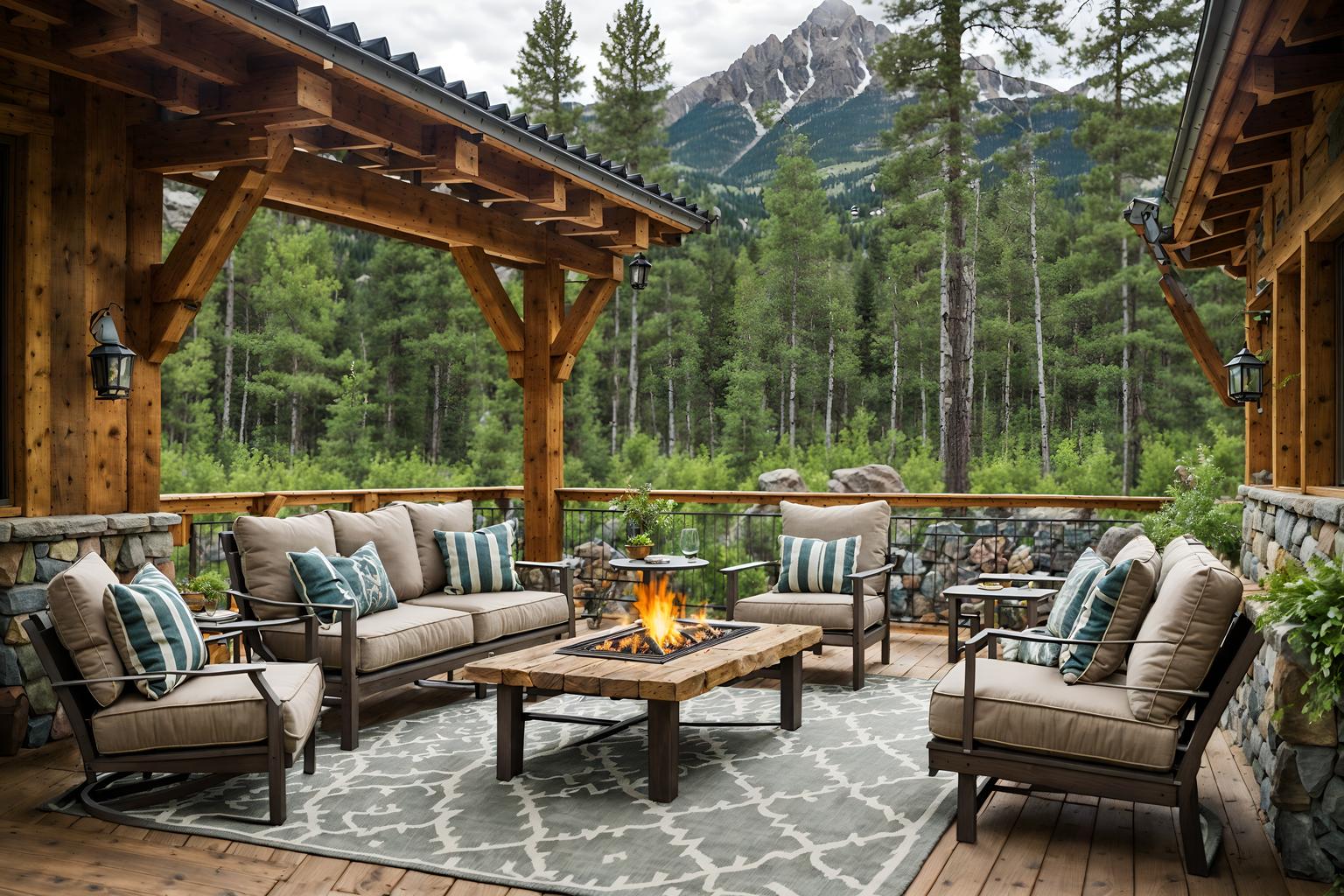 ski chalet-style designed (outdoor patio ) with patio couch with pillows and plant and grass and deck with deck chairs and barbeque or grill and patio couch with pillows. . with stone fireplace and nature-inspired and animal motifs and animal rugs and exposed wood and exposed construction beams and stone fireplace and window with mountain views. . cinematic photo, highly detailed, cinematic lighting, ultra-detailed, ultrarealistic, photorealism, 8k. ski chalet design style. masterpiece, cinematic light, ultrarealistic+, photorealistic+, 8k, raw photo, realistic, sharp focus on eyes, (symmetrical eyes), (intact eyes), hyperrealistic, highest quality, best quality, , highly detailed, masterpiece, best quality, extremely detailed 8k wallpaper, masterpiece, best quality, ultra-detailed, best shadow, detailed background, detailed face, detailed eyes, high contrast, best illumination, detailed face, dulux, caustic, dynamic angle, detailed glow. dramatic lighting. highly detailed, insanely detailed hair, symmetrical, intricate details, professionally retouched, 8k high definition. strong bokeh. award winning photo.