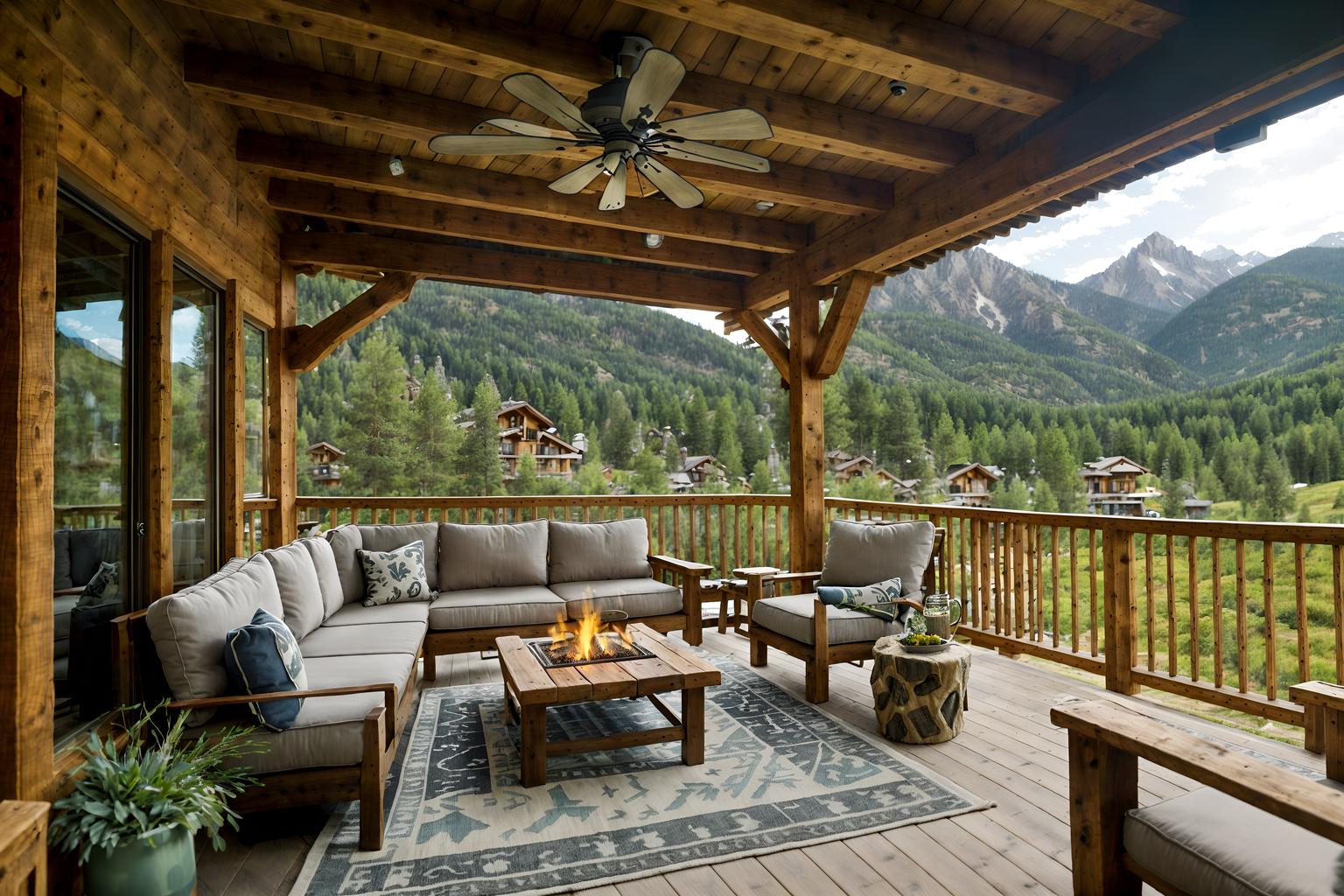ski chalet-style designed (outdoor patio ) with patio couch with pillows and plant and grass and deck with deck chairs and barbeque or grill and patio couch with pillows. . with stone fireplace and nature-inspired and animal motifs and animal rugs and exposed wood and exposed construction beams and stone fireplace and window with mountain views. . cinematic photo, highly detailed, cinematic lighting, ultra-detailed, ultrarealistic, photorealism, 8k. ski chalet design style. masterpiece, cinematic light, ultrarealistic+, photorealistic+, 8k, raw photo, realistic, sharp focus on eyes, (symmetrical eyes), (intact eyes), hyperrealistic, highest quality, best quality, , highly detailed, masterpiece, best quality, extremely detailed 8k wallpaper, masterpiece, best quality, ultra-detailed, best shadow, detailed background, detailed face, detailed eyes, high contrast, best illumination, detailed face, dulux, caustic, dynamic angle, detailed glow. dramatic lighting. highly detailed, insanely detailed hair, symmetrical, intricate details, professionally retouched, 8k high definition. strong bokeh. award winning photo.