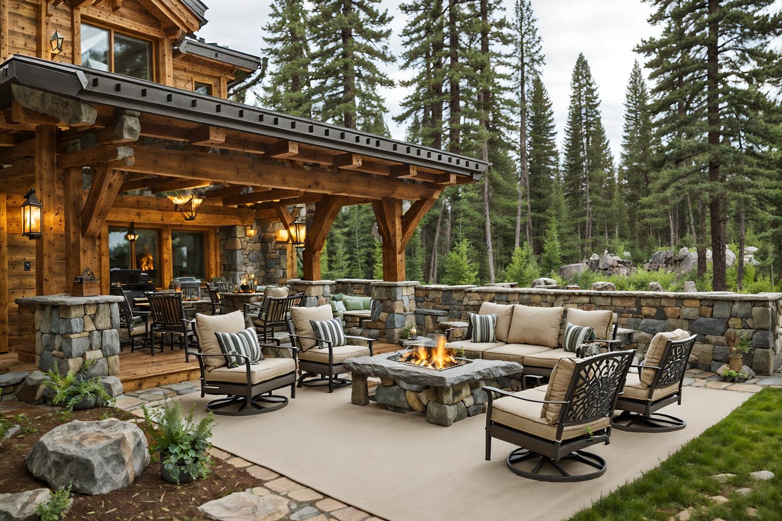 ski chalet-style designed (outdoor patio ) with patio couch with pillows and plant and grass and deck with deck chairs and barbeque or grill and patio couch with pillows. . with stone fireplace and nature-inspired and animal motifs and animal rugs and exposed wood and exposed construction beams and stone fireplace and window with mountain views. . cinematic photo, highly detailed, cinematic lighting, ultra-detailed, ultrarealistic, photorealism, 8k. ski chalet design style. masterpiece, cinematic light, ultrarealistic+, photorealistic+, 8k, raw photo, realistic, sharp focus on eyes, (symmetrical eyes), (intact eyes), hyperrealistic, highest quality, best quality, , highly detailed, masterpiece, best quality, extremely detailed 8k wallpaper, masterpiece, best quality, ultra-detailed, best shadow, detailed background, detailed face, detailed eyes, high contrast, best illumination, detailed face, dulux, caustic, dynamic angle, detailed glow. dramatic lighting. highly detailed, insanely detailed hair, symmetrical, intricate details, professionally retouched, 8k high definition. strong bokeh. award winning photo.